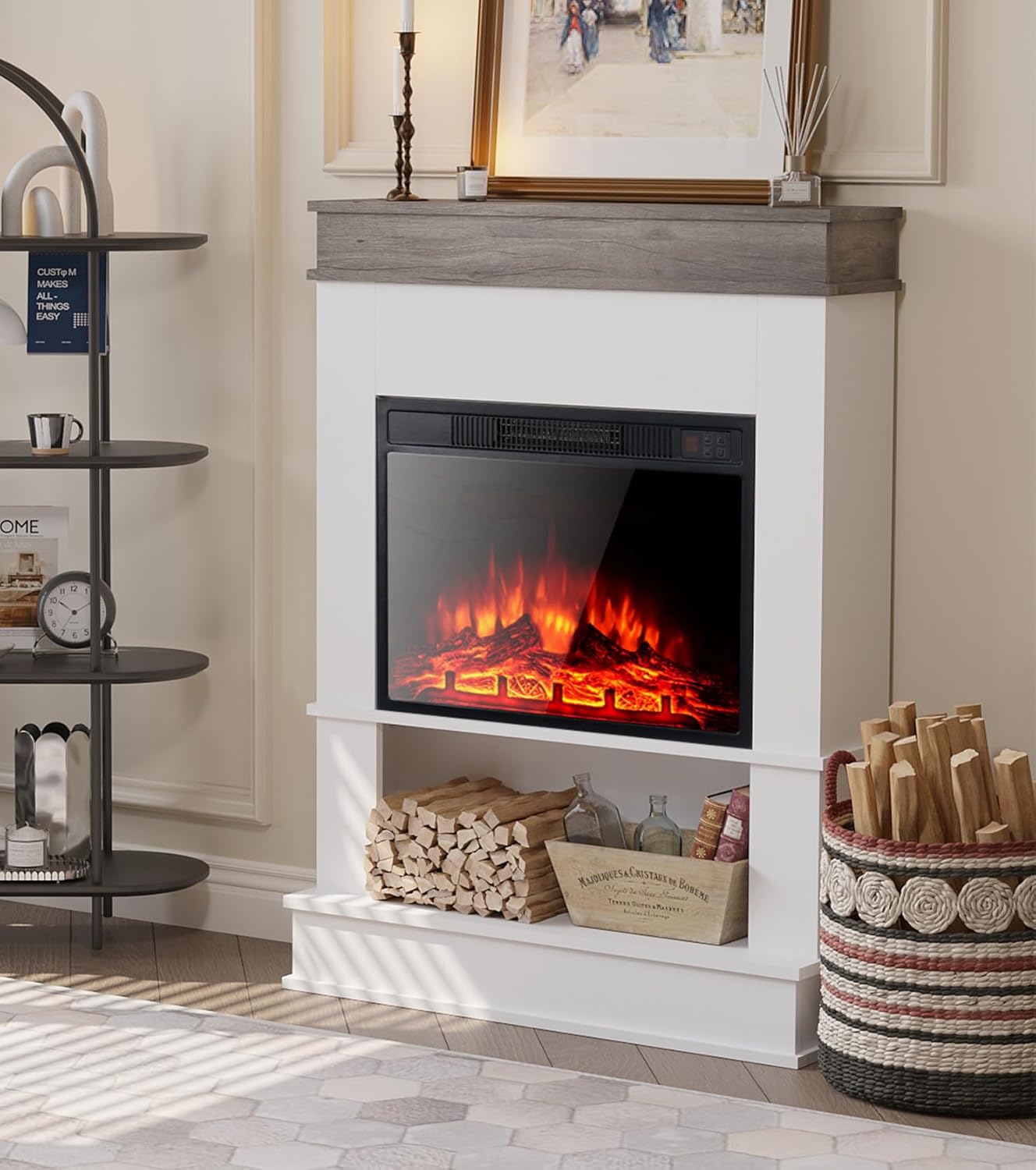 M.C.Haus Electric Fireplace with Mantel Shelf, 23”/58cm Fireplace Inserted, Adjustable Temperature and Flame Effect, Open Shelf and Tabletop, Fireplace in Engineer Wood, Rustic Oak & White…