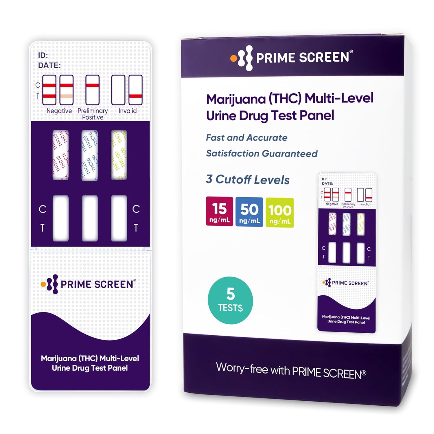 Prime Screen Marijuana (THC) Multi Level Home Urine Test Kit-Highly Sensitive THC 3 Level Drug Test Kit- Detecting Any Form of THC Cannabis Test at 15 ng/mL, 50 ng/mL, and 100 ng/mL - [5 Pack]