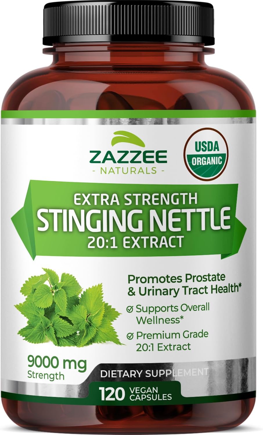 Zazzee USDA Organic Stinging Nettle 20:1 Extract, 9000 mg Strength, 120 Vegan Capsules, 4 Month Supply, Concentrated, Standardized 20X Extract, Certified Organic, 100% Vegetarian, All-Natural, Non-GMO