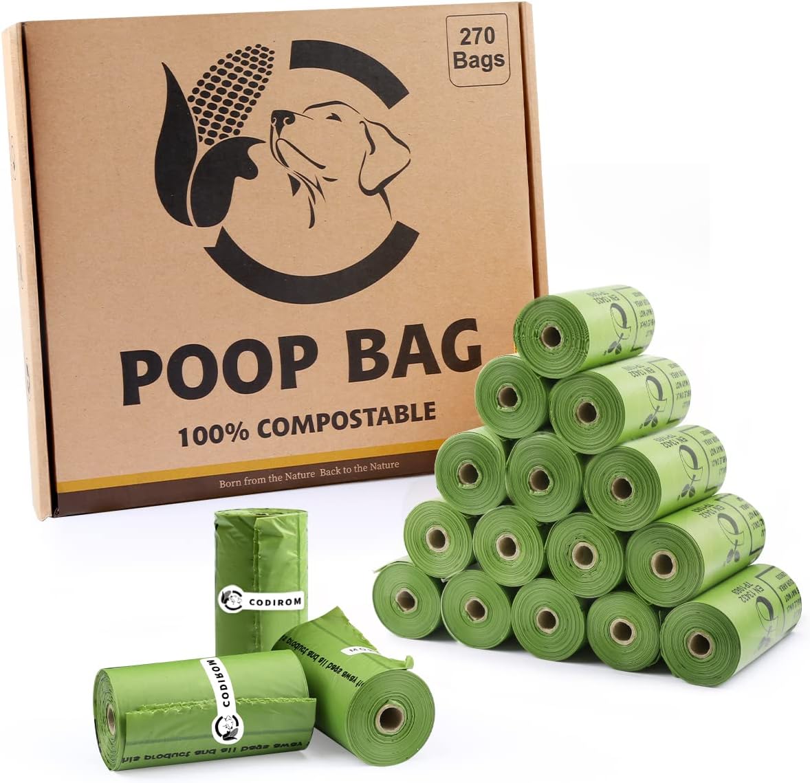 Certified Compostable Dog Poop Bags, 270 Count Landfill Friendly and Leakproof Dog Waste Bags, Easy Open Unscented Forest Green Poop Bag for Dog, 15 Doggy Bags Per Roll (18 rolls)