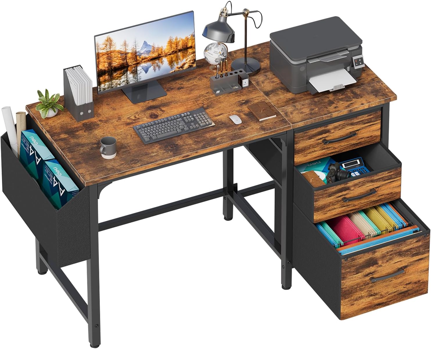 Lufeiya Computer Desk with Fabric File Drawers Cabinet, 47 Inch Reversible Home Office Desks with Filing Cabinet for Small Space, Study Writing Table PC Desks, Rustic Brown