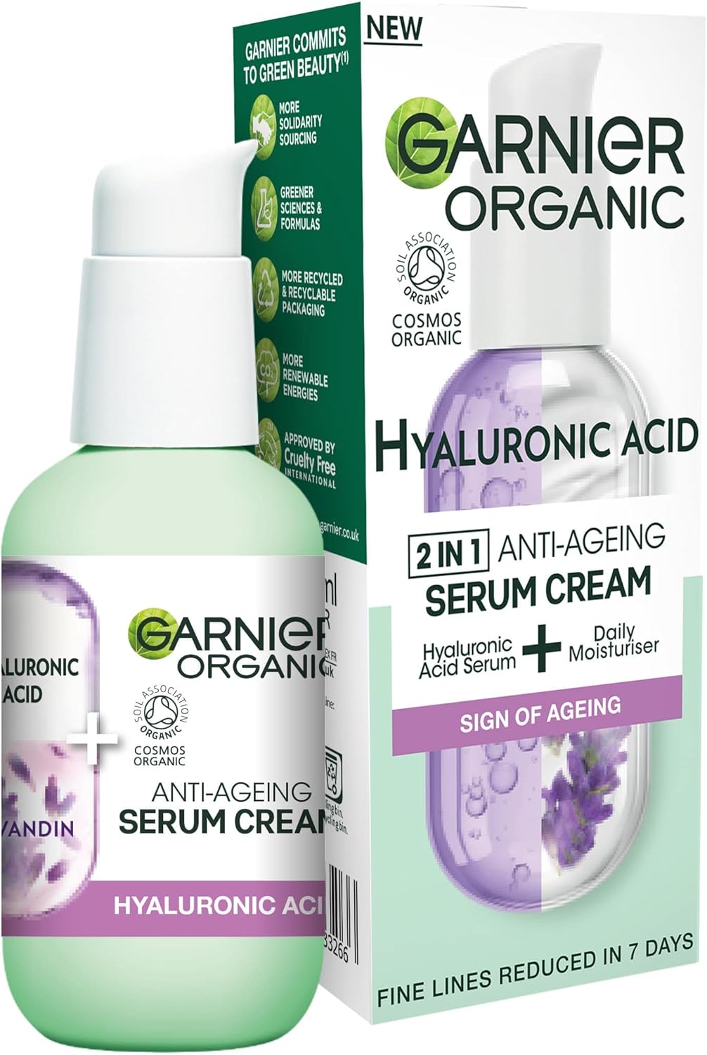Garnier Organic Lavandin & Hyaluronic Acid Serum Cream, 2in1 Formula With Hyaluronic Acid serum & Hydrating Moisturiser, Replumps Skin & Reduces Fine Lines, Organic & Vegan Formula, 50ml