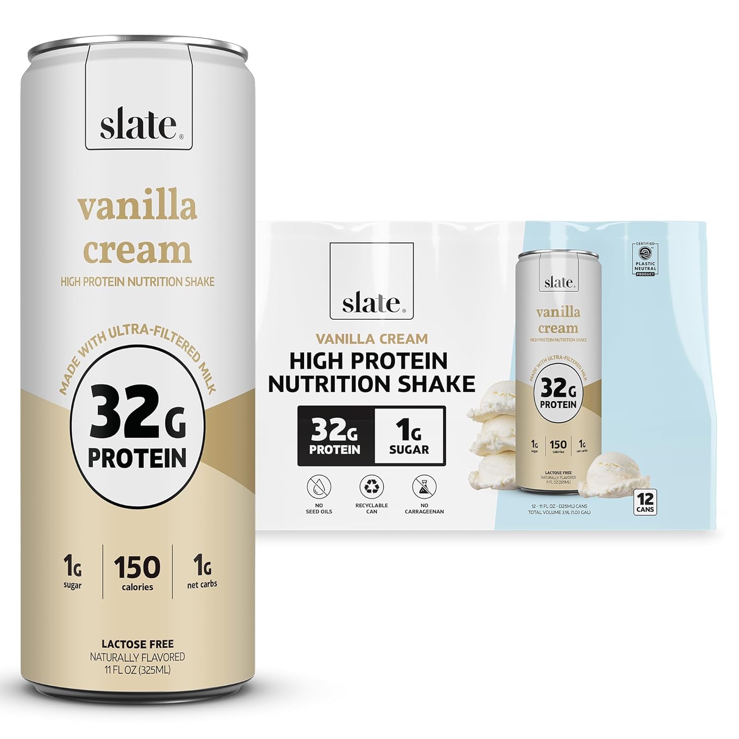Slate Milk - High Protein Nutrition Shake - Vanilla Cream - 32g Protein, 1g Sugar, 150 Calories, 1g Net Carbs - Lactose Free - No Added Sugar - Breakfast Boost, Post Workout - 11 fl oz, 12 Cans