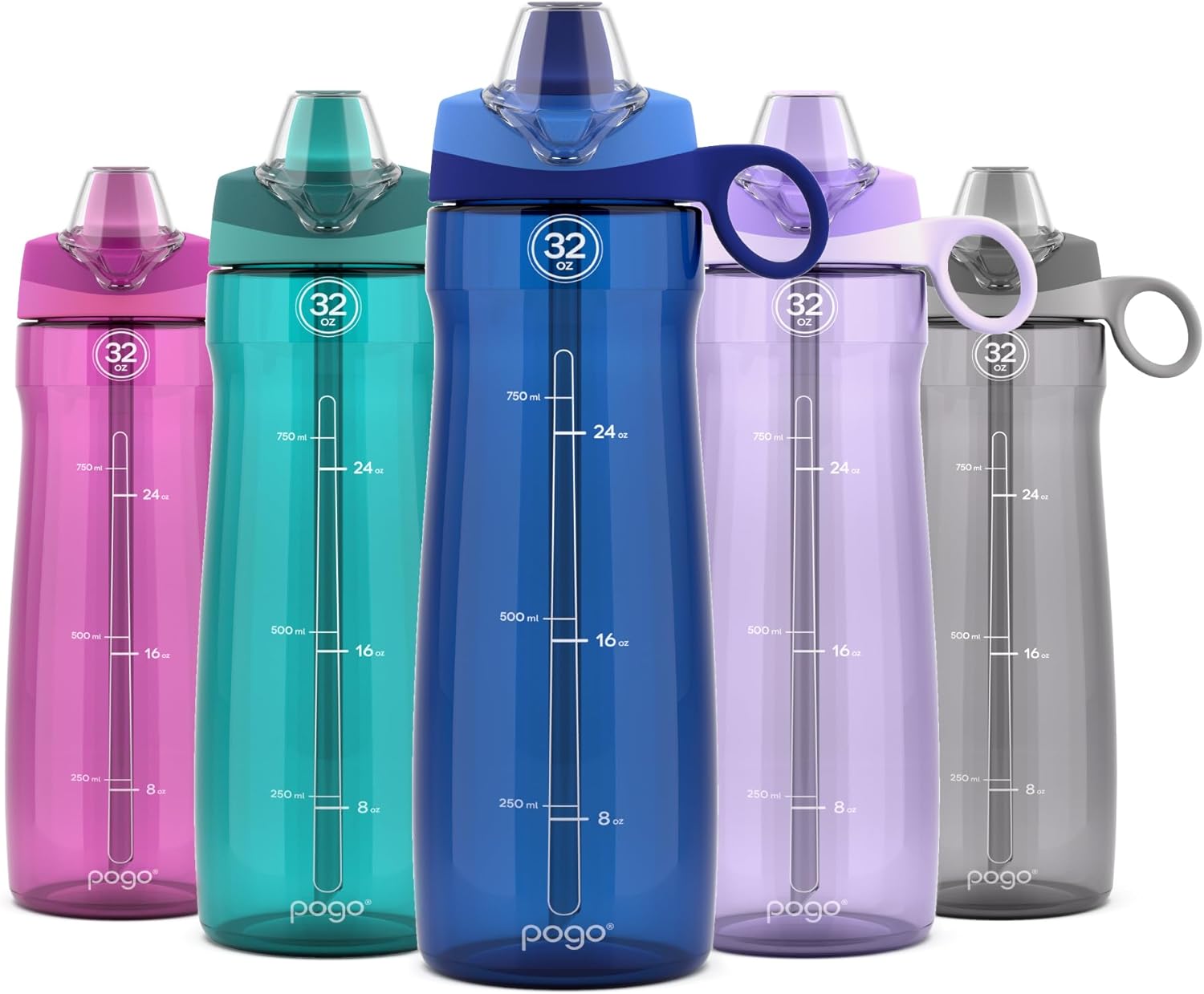 Pogo Plastic Water Bottle with Straw Lid and Carry Handle, Reusable, BPA Free, Dishwasher Safe, Perfect for Travel, School, Outdoors, and Gym | 32oz, 40oz