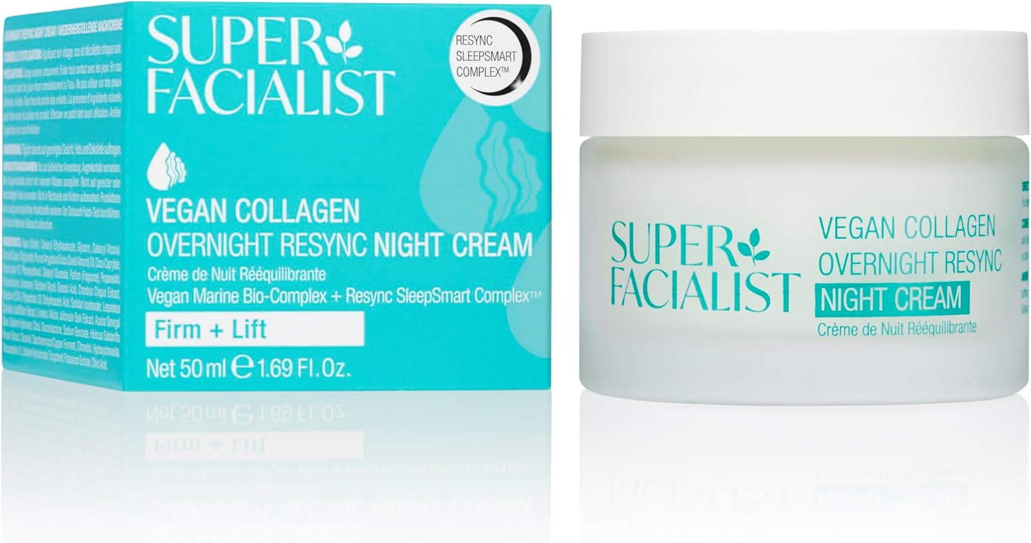 Super Facialist Vegan Collagen overnight Resync Night Cream- Nourishing Night Time, Firming, Smoothing & Plumping, Gentle Face Care, Vegan Marine-based Biopolymer, Copper, Collagen, 50ml