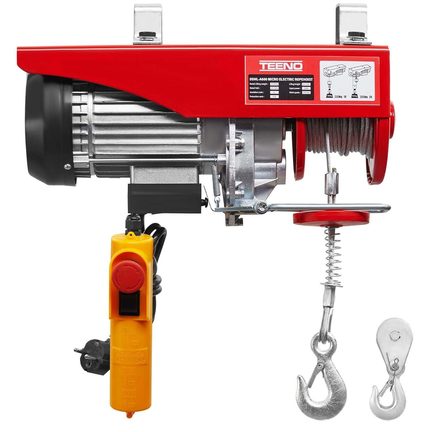 TEENO 1200W Electric Hoist Lift 600 KGS 1322 LBS/ 300KG 661LBS, Overhead Electric Hoist 220V Winch for Garage, Warehouses, SINGLE/DOUBLE LIFITING: 6 M/12M/Min, COPPER MOTOR