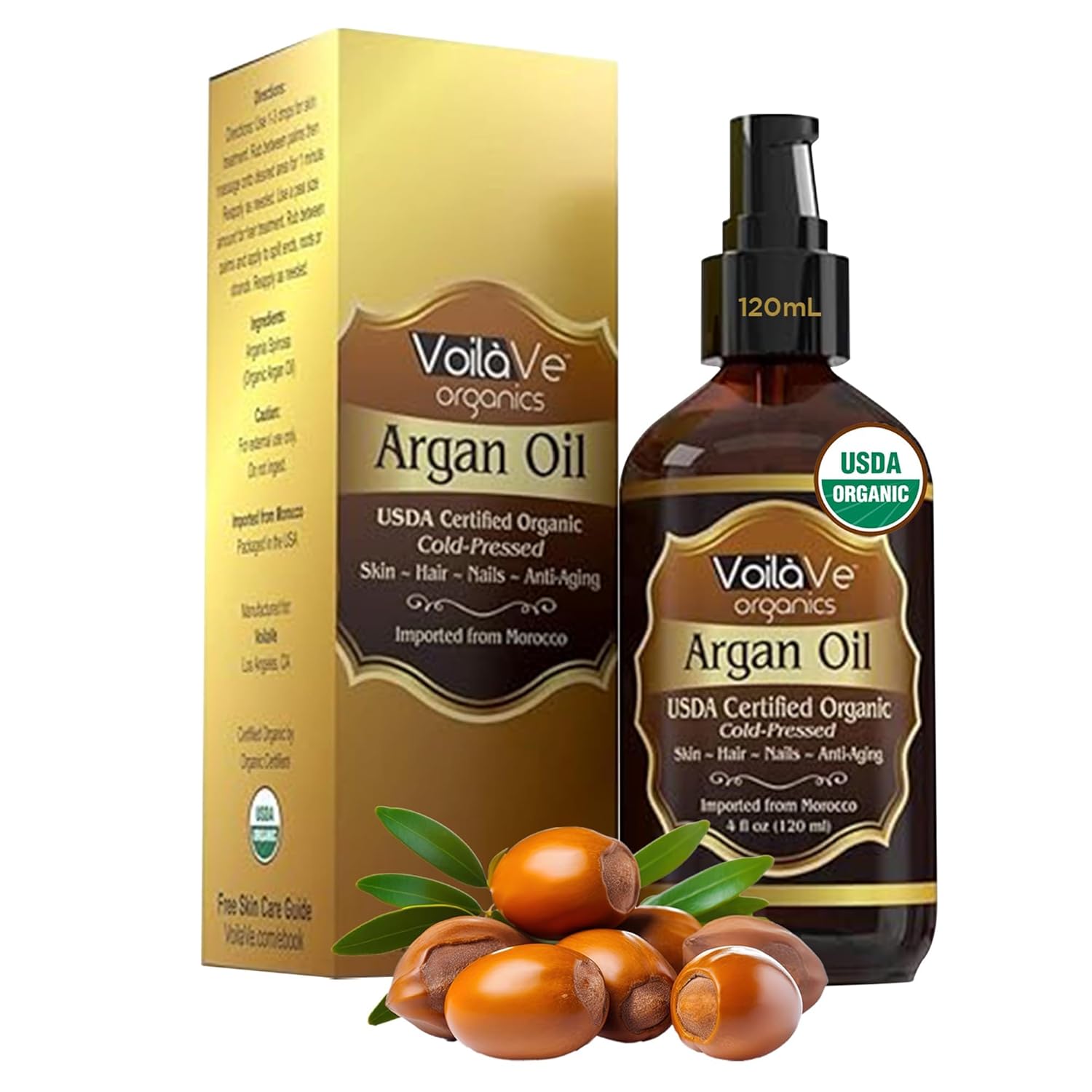 VoilaVe USDA and ECOCERT 100% Pure Organic Moroccan Argan Oil for Skin, Nails & Hair Growth, Anti-Aging Face Moisturizer, Cold Pressed, Hair Moisturizer, Rich in Vitamin E, As Seen On TV - 4 fl oz