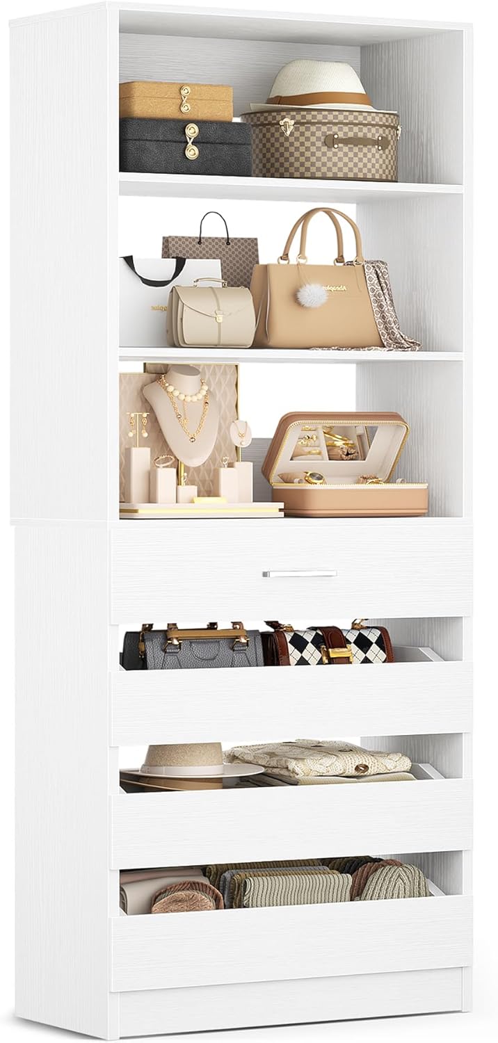 Aheaplus 21.3" Closet System with 4 Drawers, Wood Closet Organizer with Open Shelves, Modular Drawers System Tower, Walk-in Closets Small Wardrobe Rack, Tall Storage Cabinet Unit, White