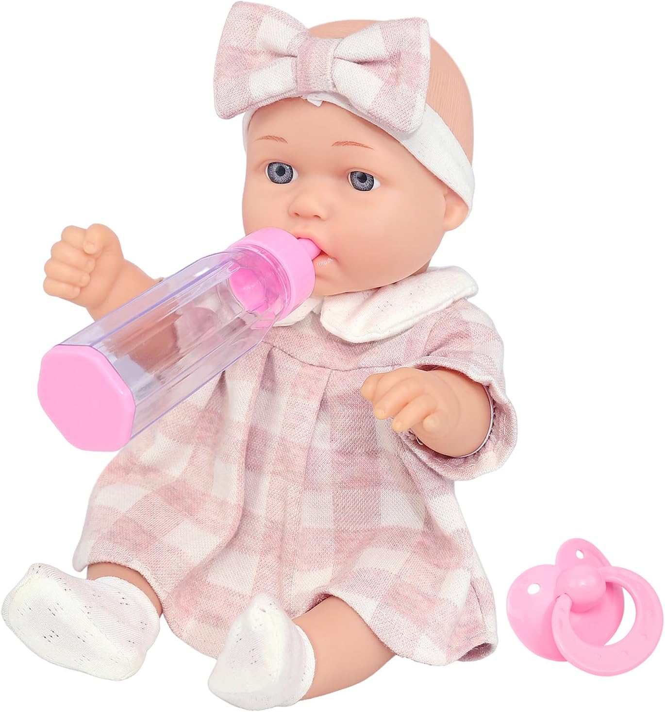 12-Inch Classic Checkered Dress Baby Doll & 6-Piece Accessories Gift Box – Soft Realistic Baby Dolls for Toddlers & Little Girls