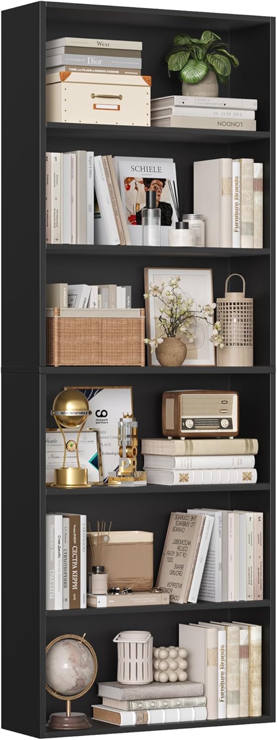 FirFurd Bookcase 6 Tiers Bookshelf Black Tall Display Shelf Freestanding Wooden Storage Unit for Living Room Bedroom Office 60x23.5x180cm