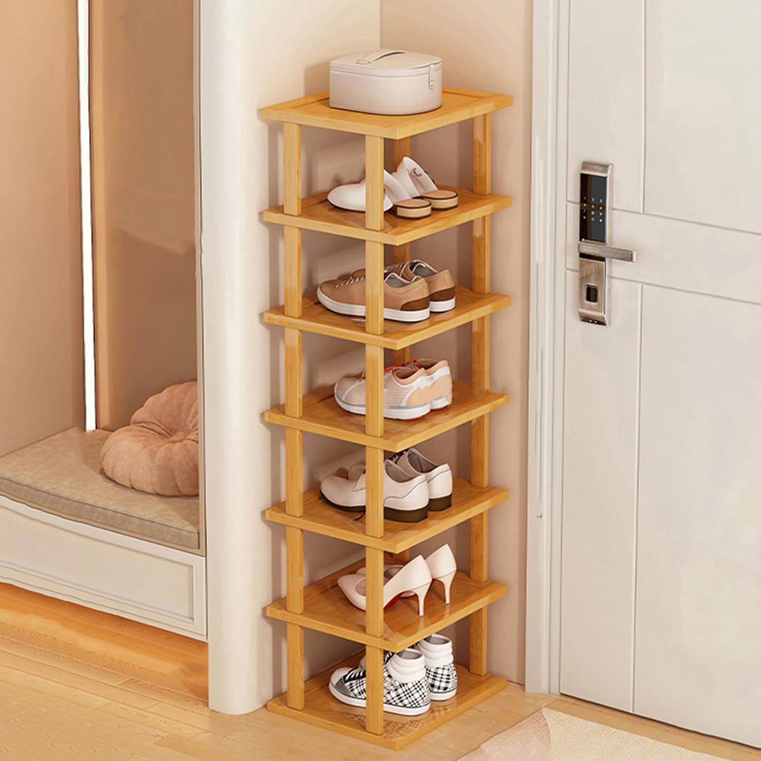 nawoefii 5/6/7/8 Tiers Bamboo Shoe Rack, Tall Narrow Shoe Rack, Space Saving Corner Shoe Rack, Bamboo Shoe Shelves, for Entryway, Hallway, Living Room (Wood, 7 Tier)