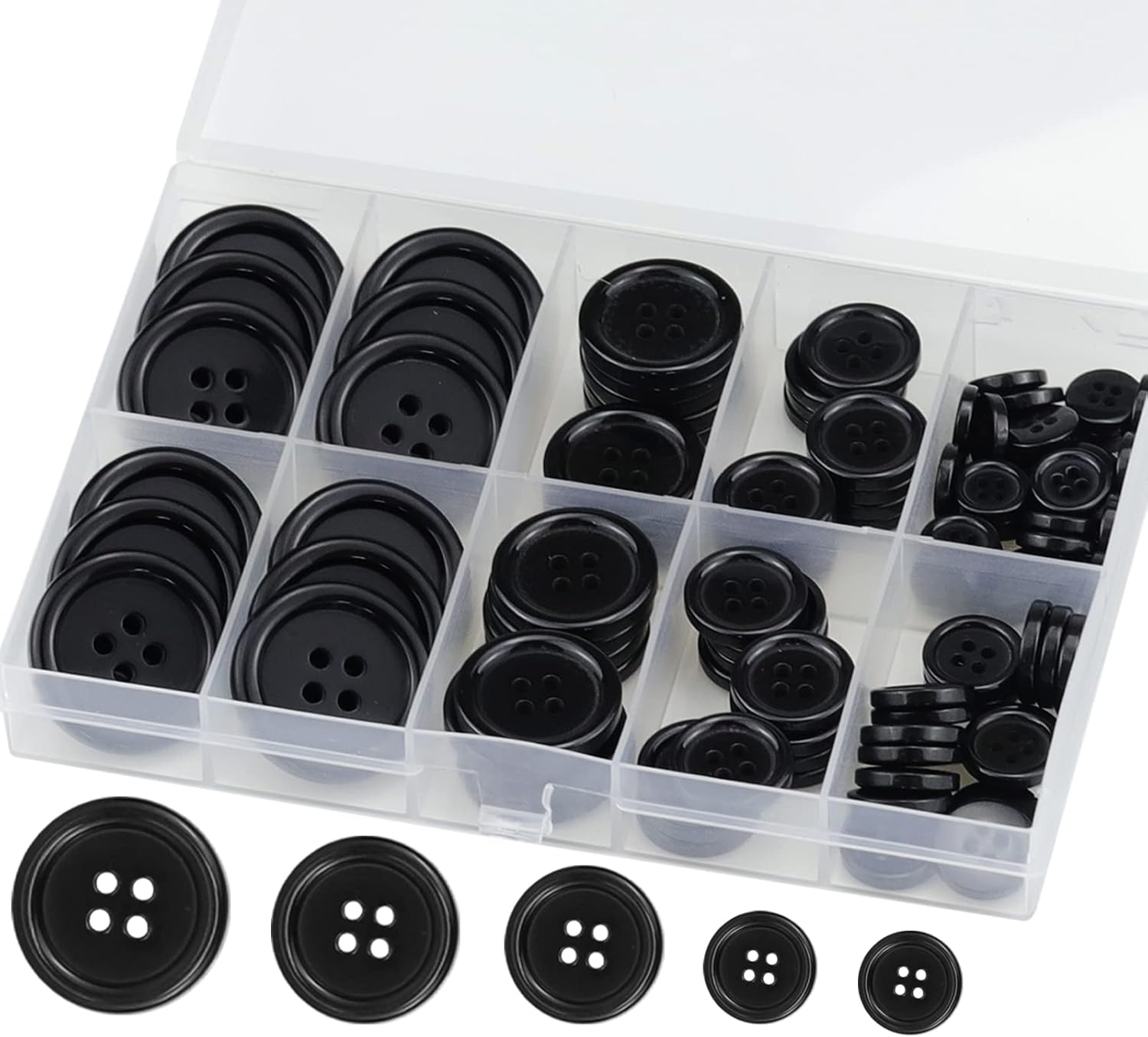 100 Pcs Black Resin Sewing Buttons, 4-Hole Craft Suit Coat Shirt Buttons, 5 Sizes, Round Mixed, with Compartment Storage Box, Suitable for Sewing, DIY and Holiday Decoration