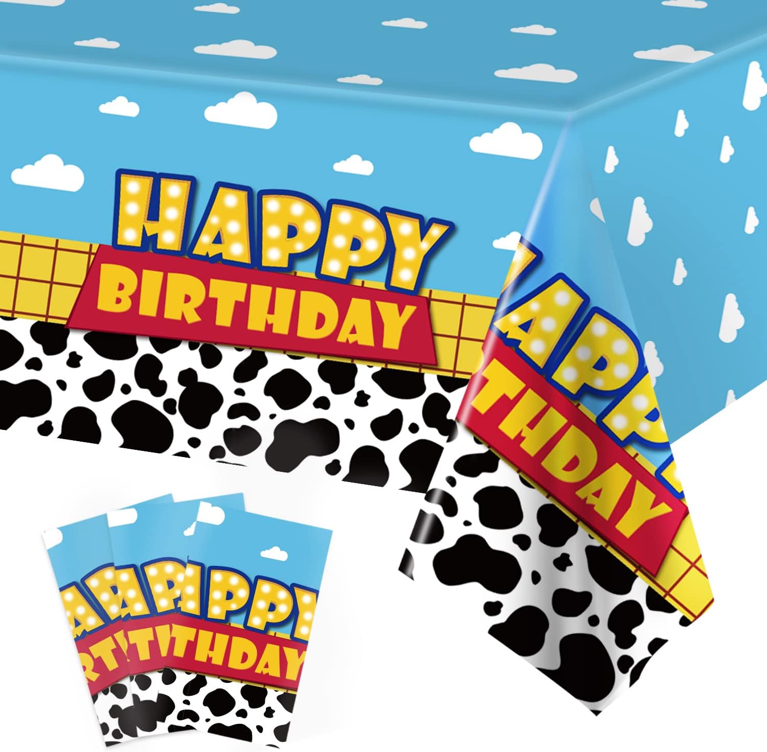 3 Pack Cartoon Story Birthday Party Supplies Cow Pattern Printed Table Cover Blue Sky and White Cloud Tablecloths Cow Birthday Party Decoration for Boy Girl Kid Birthday Party Decor 54 x 108 inch