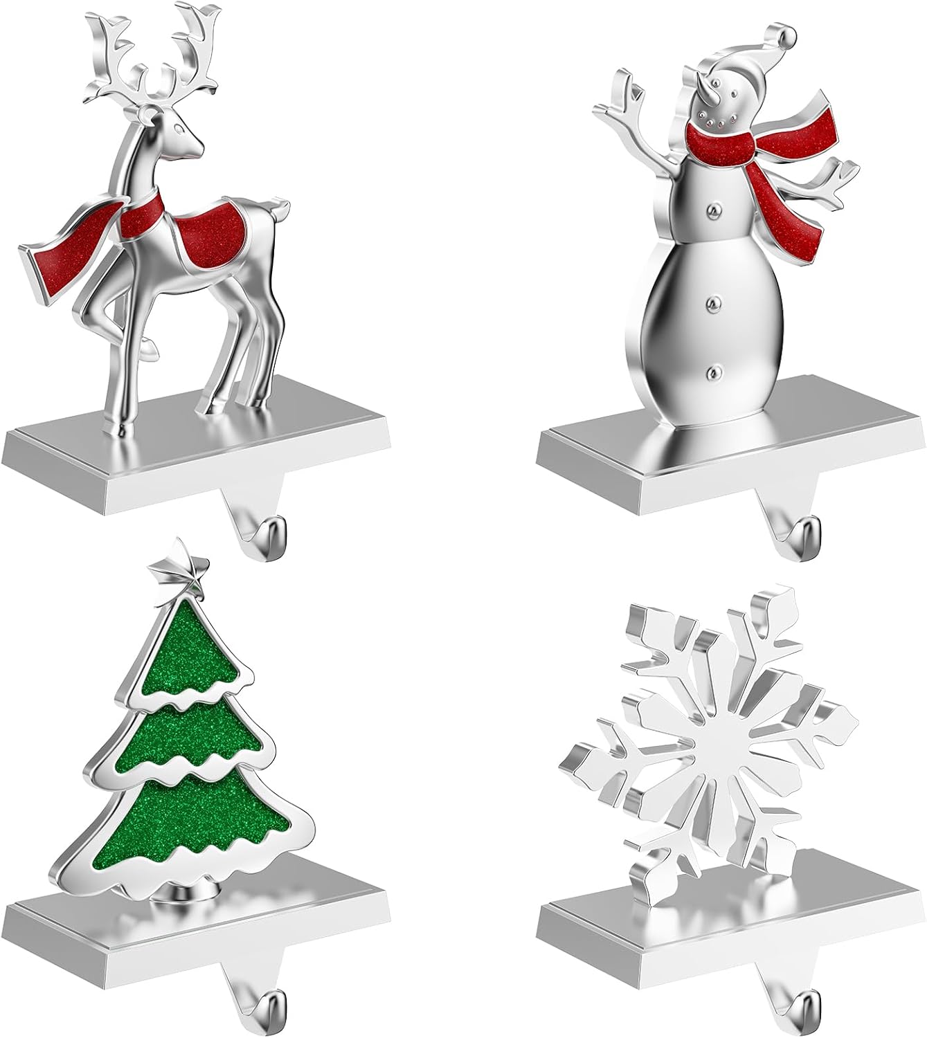 Christmas Stocking Holders for Mantle Set of 4, Stockings Hangers Snowflake Snowman Tree Deer Reindeer Heavy Weighted Hooks for Mantel Fireplace Windows Indoor Decorations Silver