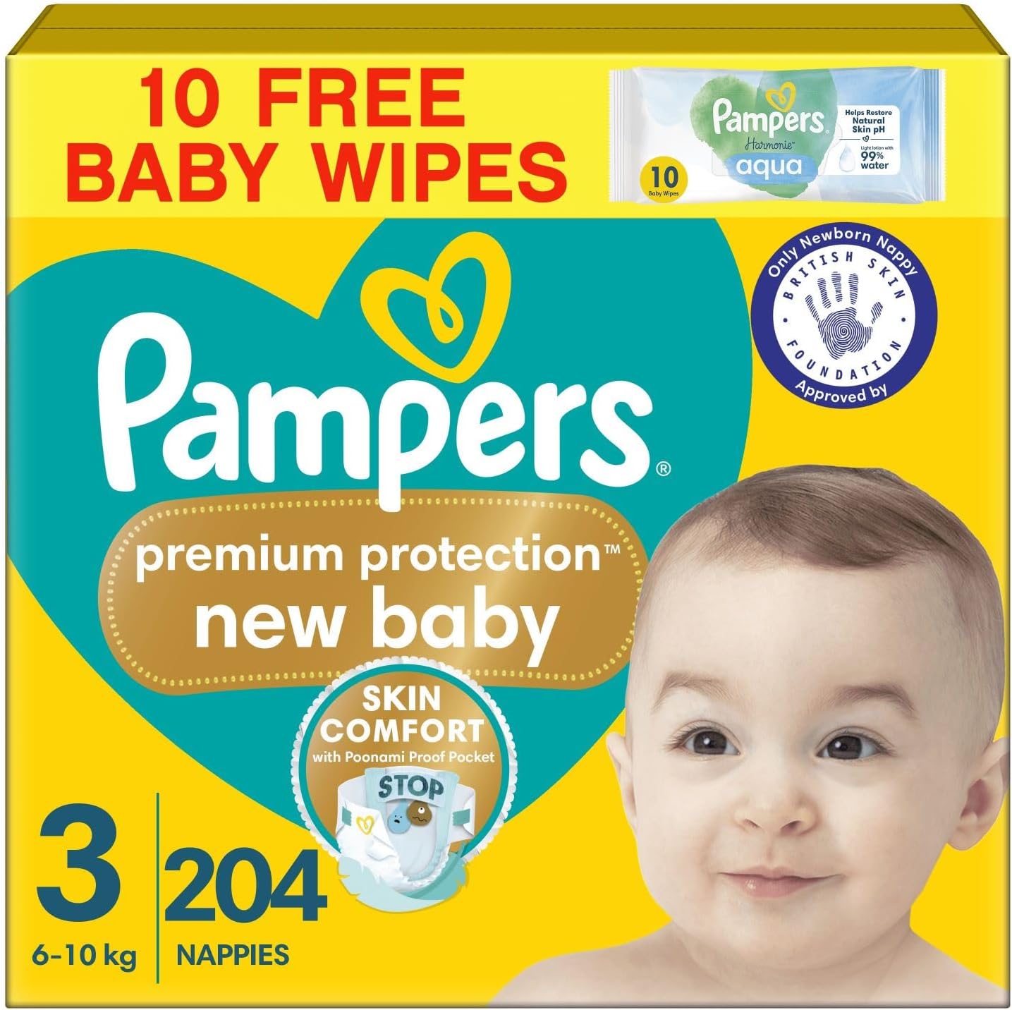 Pampers Premium Protection New Baby Size 3, 204 Nappies, 6kg-10kg, Monthly Pack + Pampers Harmonie Aqua Baby Wipes 1 pack of 10 Wipes