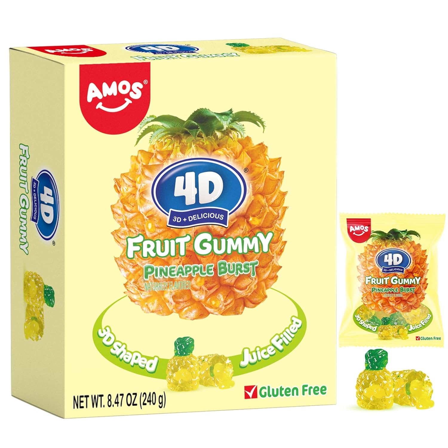 AMOS 4D Gummy Candy Pineapple Burst – 3D Pineapple Shaped, Jelly-Filled, Natural Flavor Fruit Gummy – 240g Box (Pack of 10) – Fruit-Filled Gummy Treats for Kids and Adults