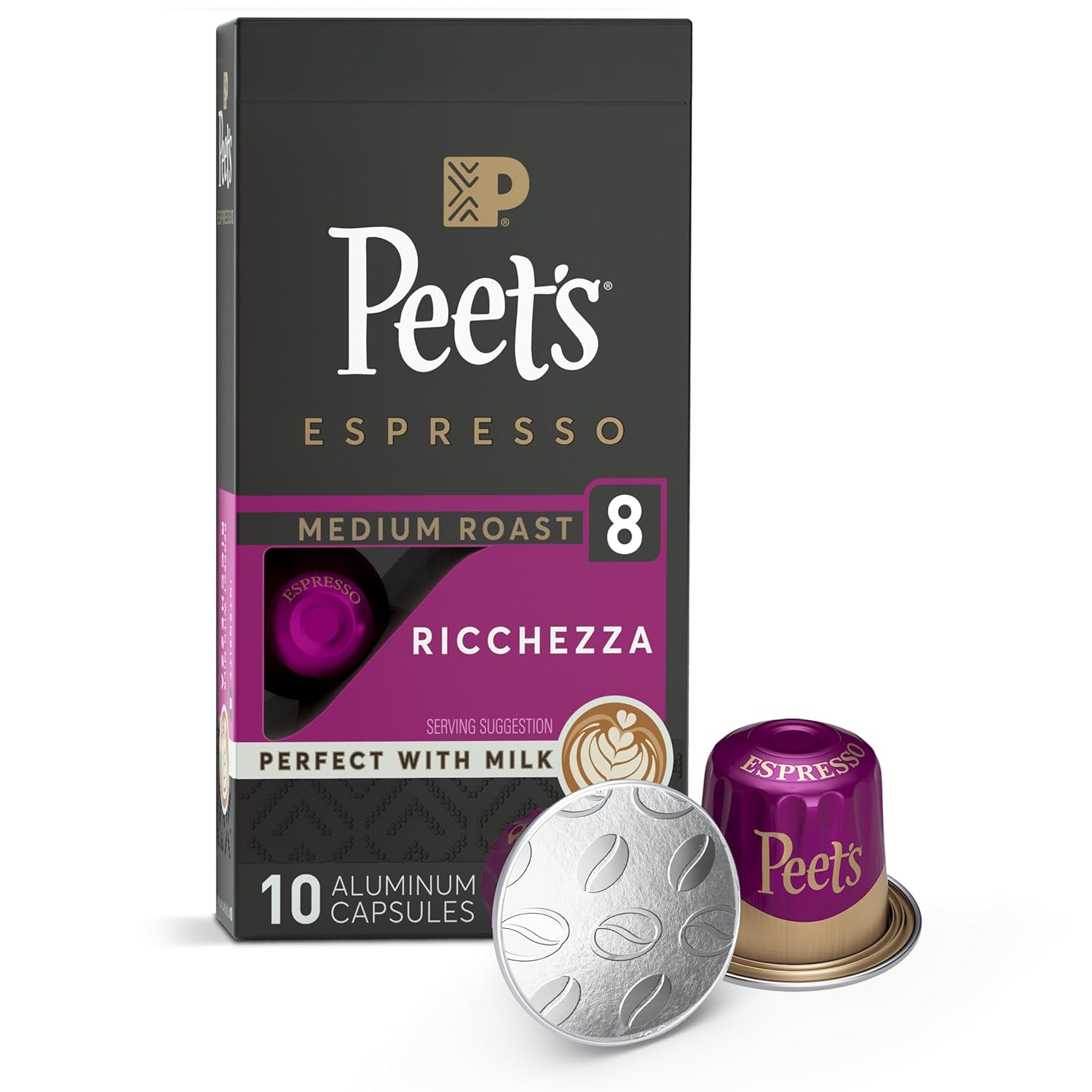 Peet's Coffee, Medium Roast Espresso Capsules, Compatible with Nespresso Original Machine - Ricchezza Intensity 8, 10 Count (1 Box of 10 Espresso Capsules)