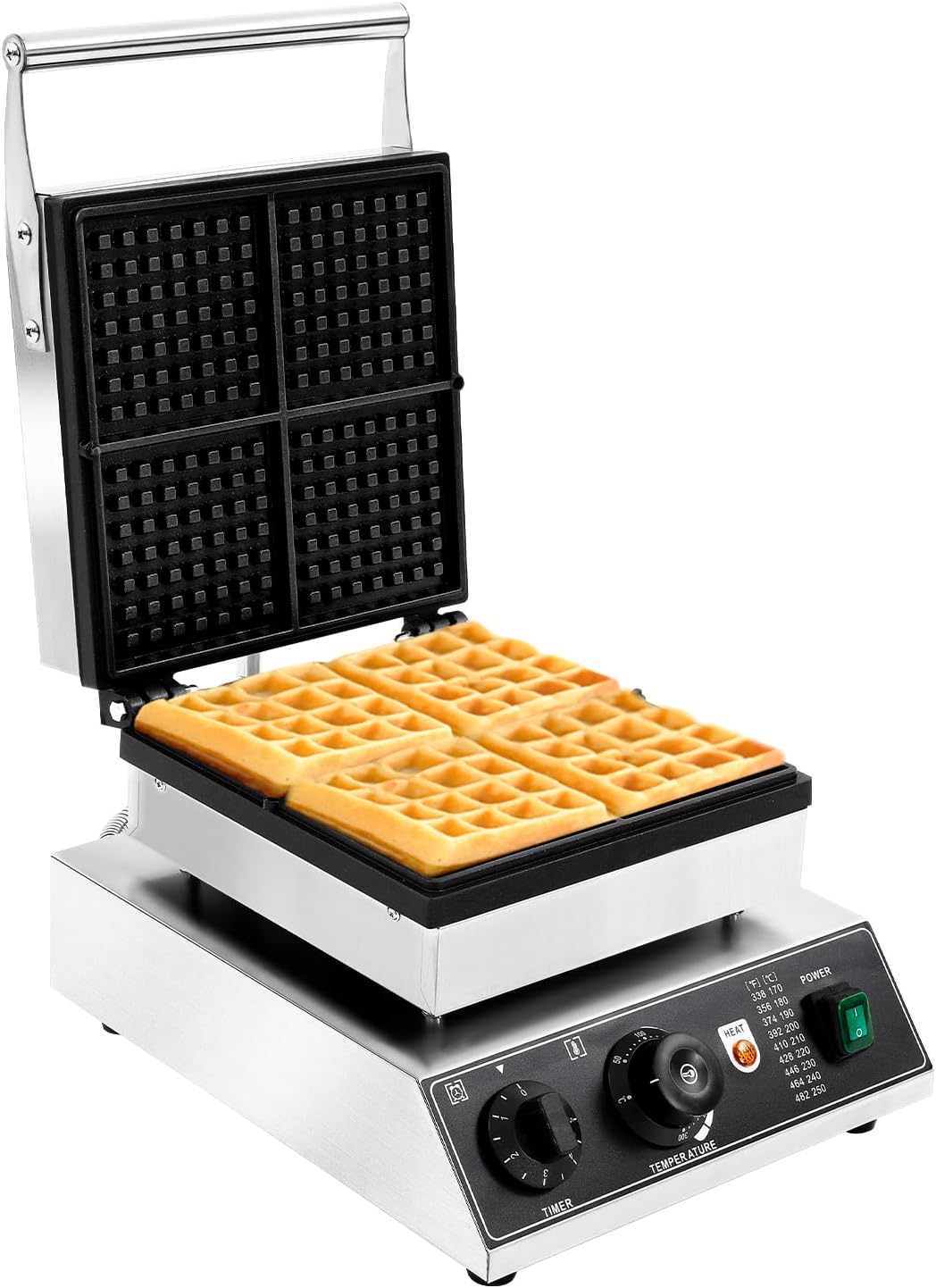 Commercial Waffle Maker, 110V 1750W Stainless Steel Square 4 Slice Waffle Maker Non-Stick Stainless Steel Belgian Waffle Iron w/Temperature & Time Control for Cafeterias & Bakeries