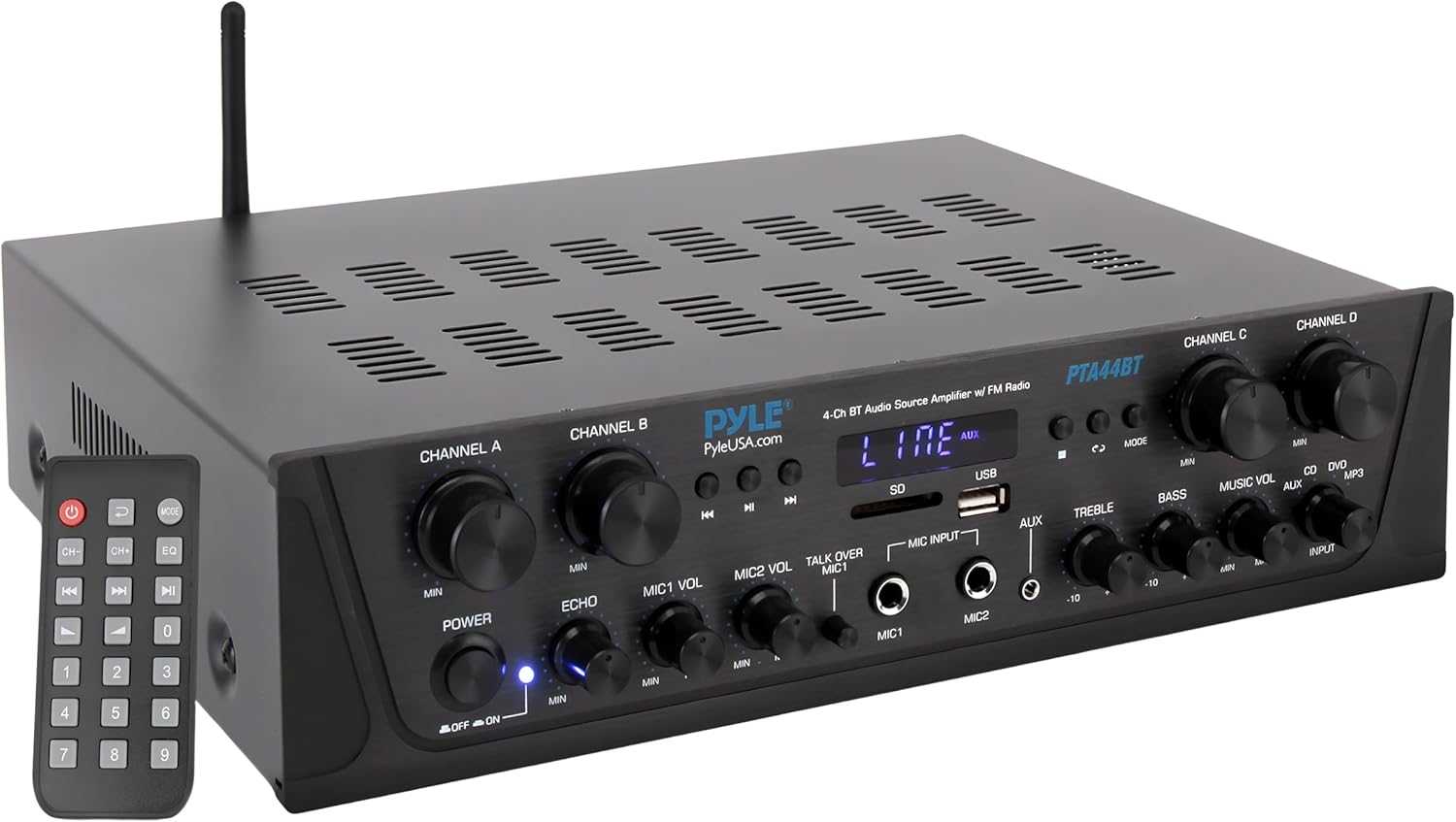 500W Karaoke Wireless Bluetooth Amplifier - 4 Channel Stereo Audio Home Theater Speaker Sound Power Receiver w/AUX IN, FM, RCA Subwoofer Speakers OUT, USB, Microphone IN w/Echo - Pyle PTA44BT