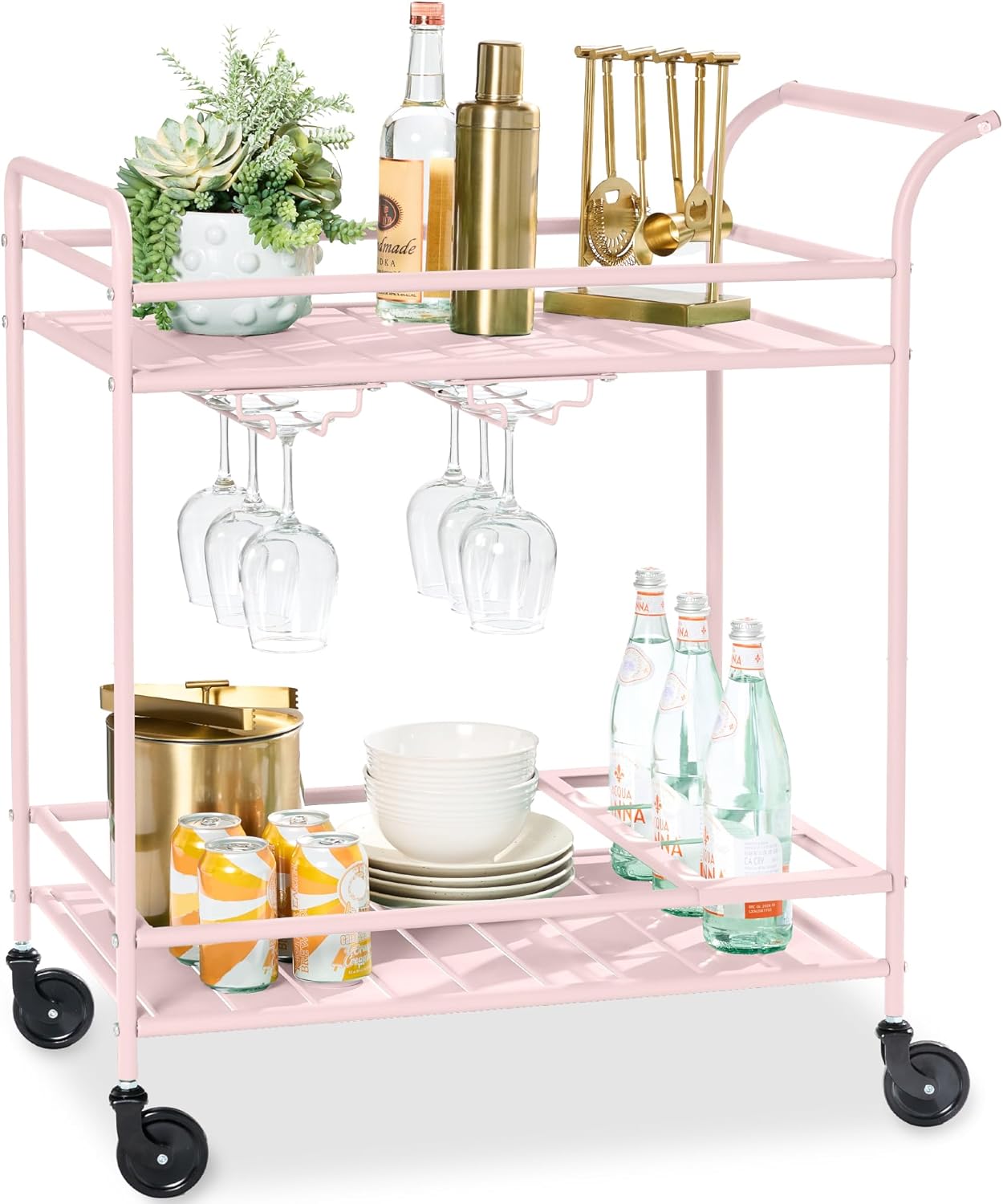 Best Choice Products Rolling Bar Cart, Mobile Home Bar Serving Cart, Serving Station w/ 2 Tier Shelves, Wine Rack, Lockable Wheels - Pink