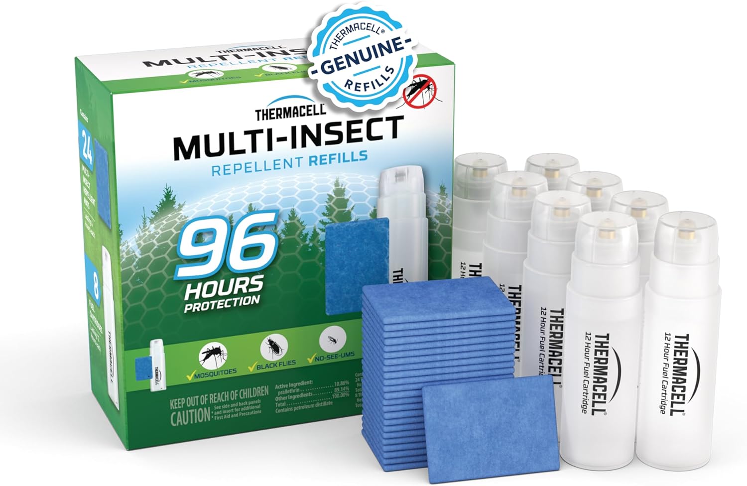 Thermacell Mosquito & Multi-Insect Repellent 96-Hour Refill; Includes 8 Fuel Cartridges, 24 Repellent Mats; Compatible W/Fuel-Powered Thermacell Repellers; Repels Mosquitoes, Noseeums & Black Flies