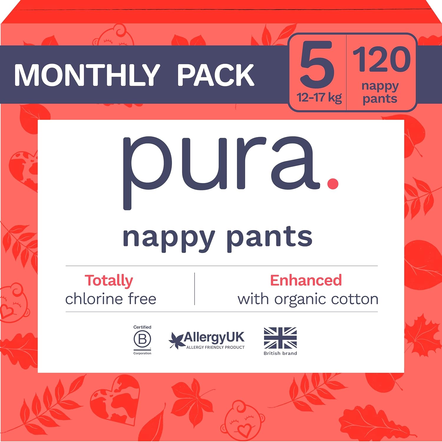 Pura Eco Nappy Pants - Size 5 (12-17kg), 6 x 20 Nappies (120 Total), Pull Up Disposable Baby Nappies for Sensitive & Allergy Prone Skin, Hypoallergenic, Fragrance Free, Easy-Tear Side, New Size Guide