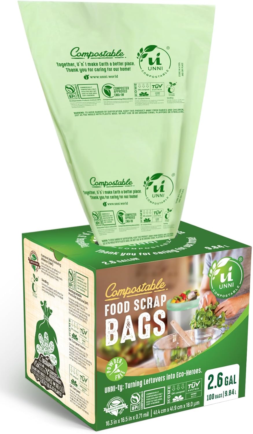UNNI Compostable Liner Bags, 2.6 Gallon, 9.84 Liter, Extra Thick 0.71 Mil, 100 Count, Small Kitchen Food Scrap Waste Bags, ASTM D6400, US BPI, CMA and Europe OK compost HOME Certified, San Francisco