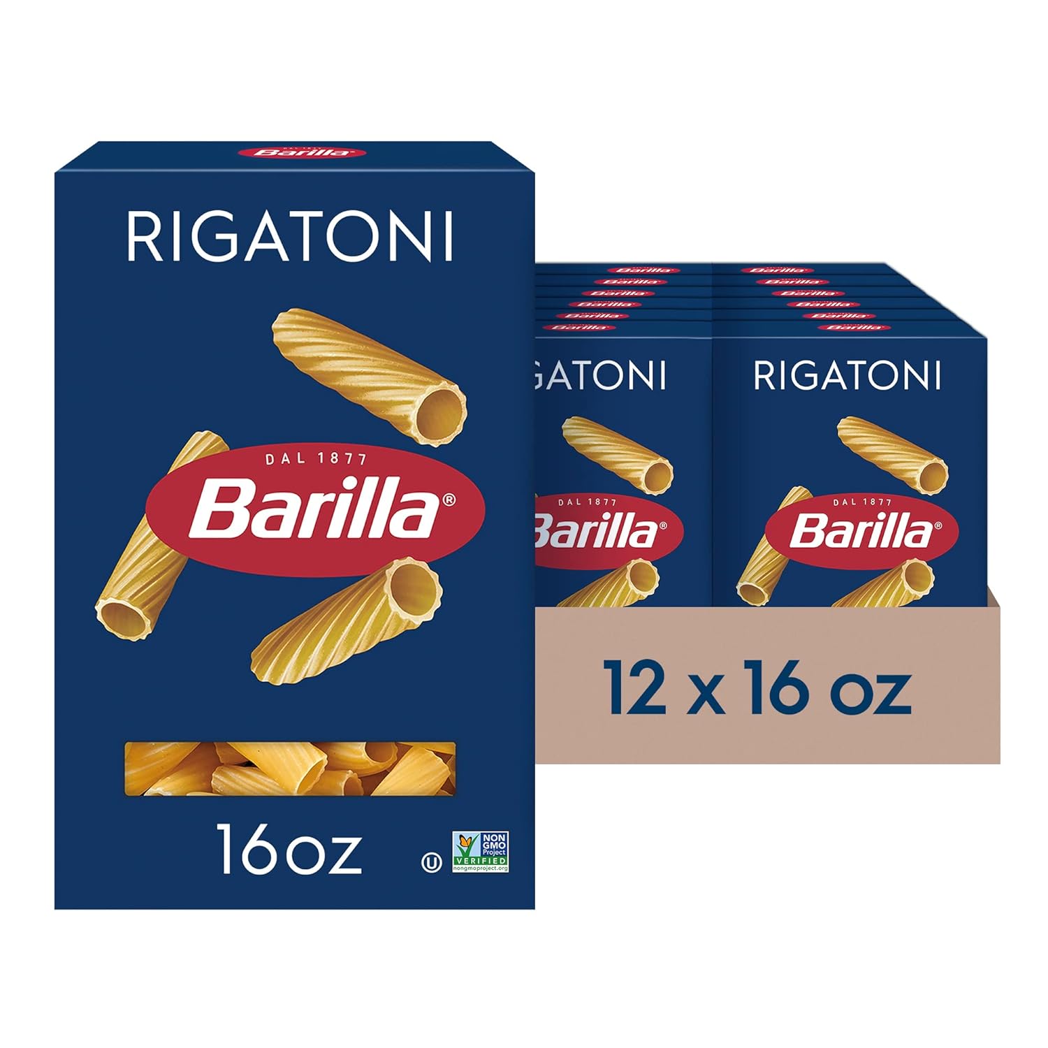Barilla Rigatoni Pasta, 16 oz. Box (Pack of 12) - Non-GMO Pasta Made with Durum Wheat Semolina - Kosher Certified Pasta