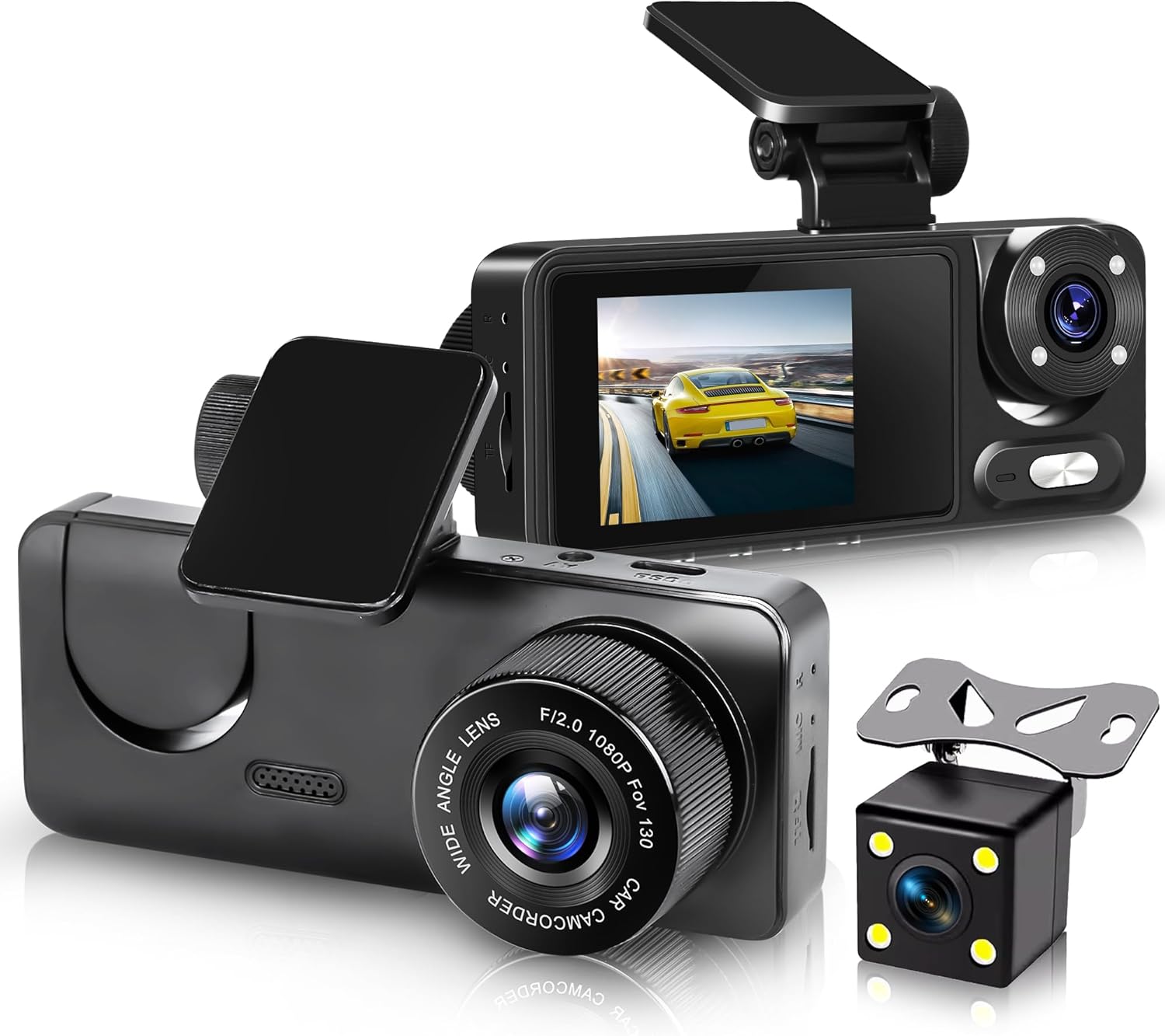 Dash Cam Car Dashcam Camera Front and Rear with Night Vision, 1080P HD Front Inside and Rear Cameras, Parking Mode, Loop Recording, WDR, G-Sensor, 3 Channel Dash Cam Car DVR
