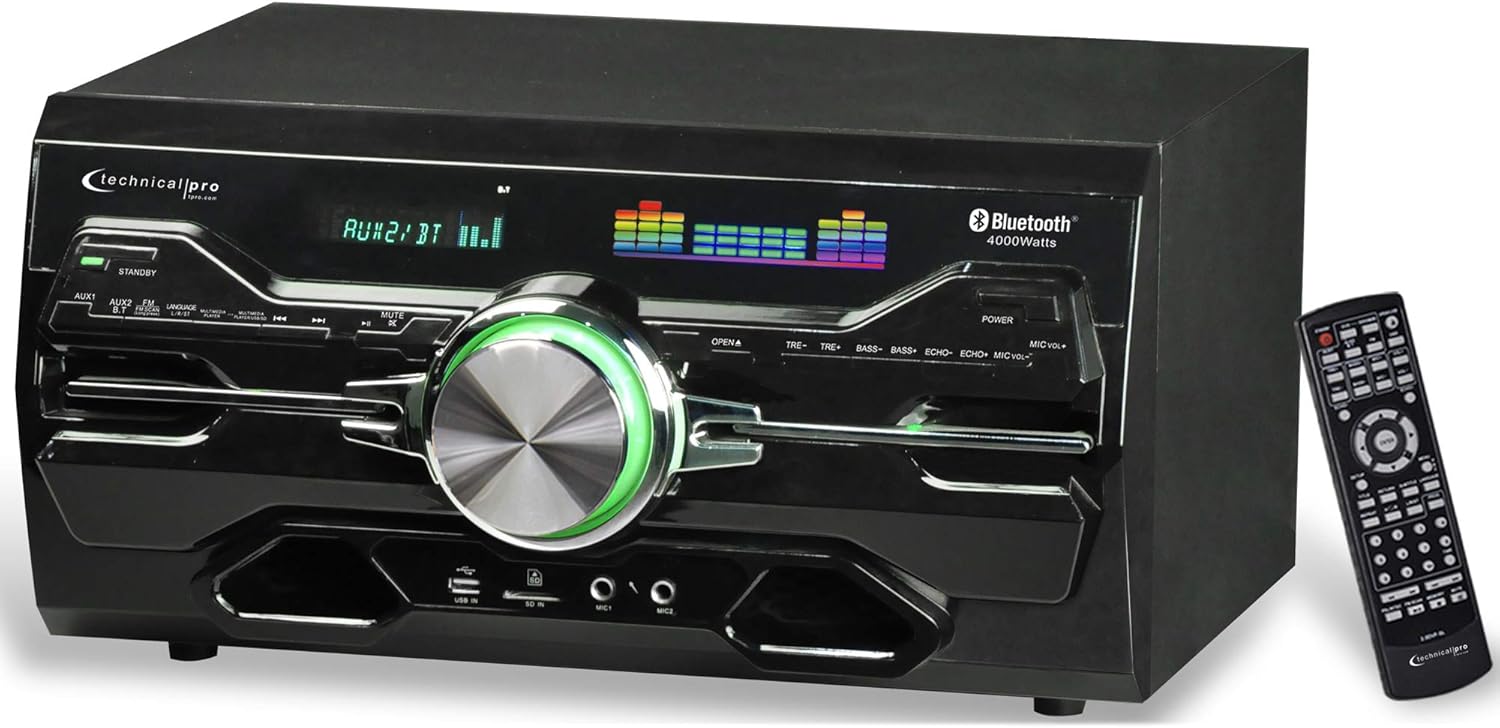 Technical Pro 4000 Watts Professional Bluetooth Home Audio Receiver w/Built-in DVD Player, Dual 1/4'' Mic and USB SD Inputs, Volume and Echo Controls, Remote Included, for Karaoke, Parties and More