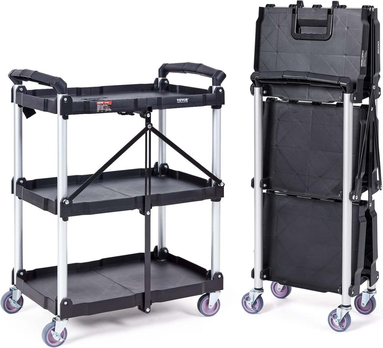 VEVOR Foldable Utility Service Cart, 165LBS 3 Shelf Heavy Duty Plastic Rolling Cart with 360° Swivel Wheels (2 with Brakes), Ergonomic Handle, Portable Garage Tool Cart for Warehouse Office Home