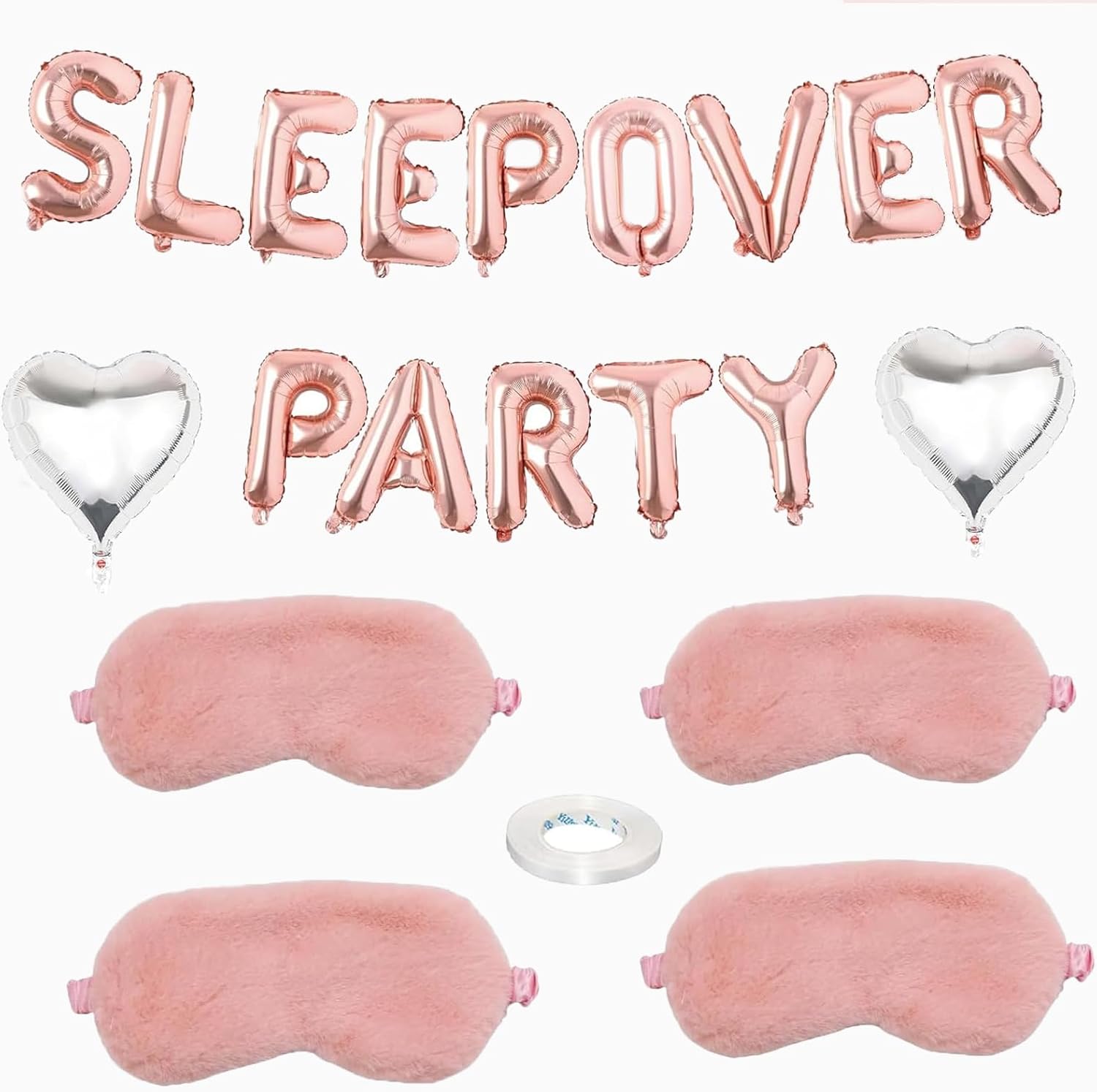 Girls Sleepover Party Supplies Kit - 21pc Slumber Party Essentials with 14 Pink Letter Balloons, 2 White Hearts, 4 Sleep Masks Sleepover Kit(With Adhesive Tape)