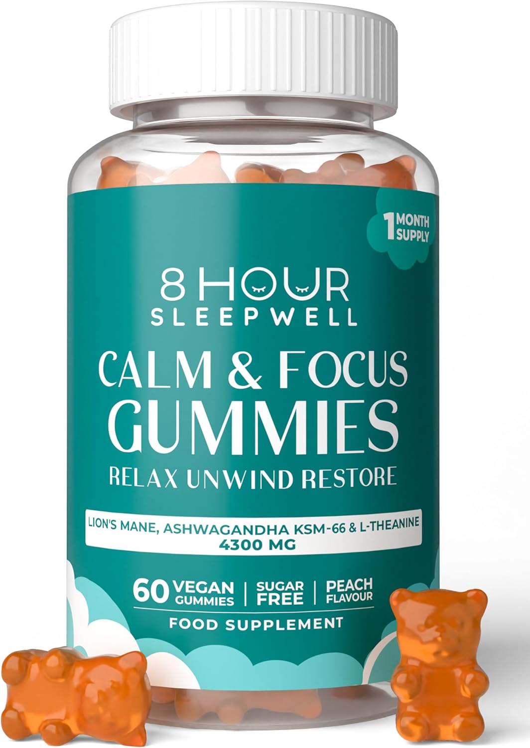 Lion's Mane Mushroom & Ashwagandha KSM-66 Gummies - 4300mg High Strength Supplement - 60 Sugar-Free & Vegan Gummies - with Zinc, B6 & B12 - for Calming, Mental Performance, and Nervous System Support