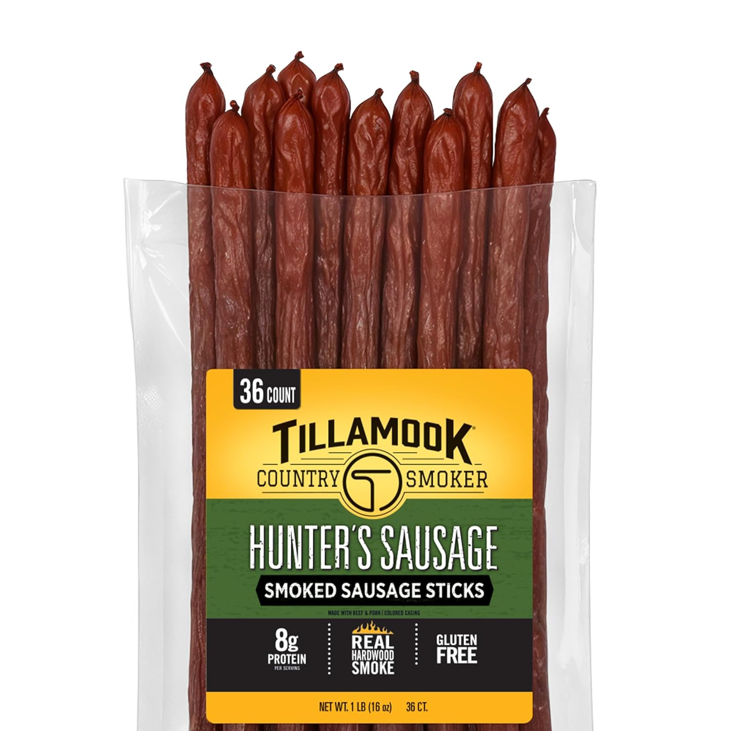 Tillamook Country Smoker Real Hardwood Smoked Sausages, Hunter's Sausage Meat Sticks, Low Carb, High Protein, Ready to Eat Snacks, 36 Count Bulk Pack
