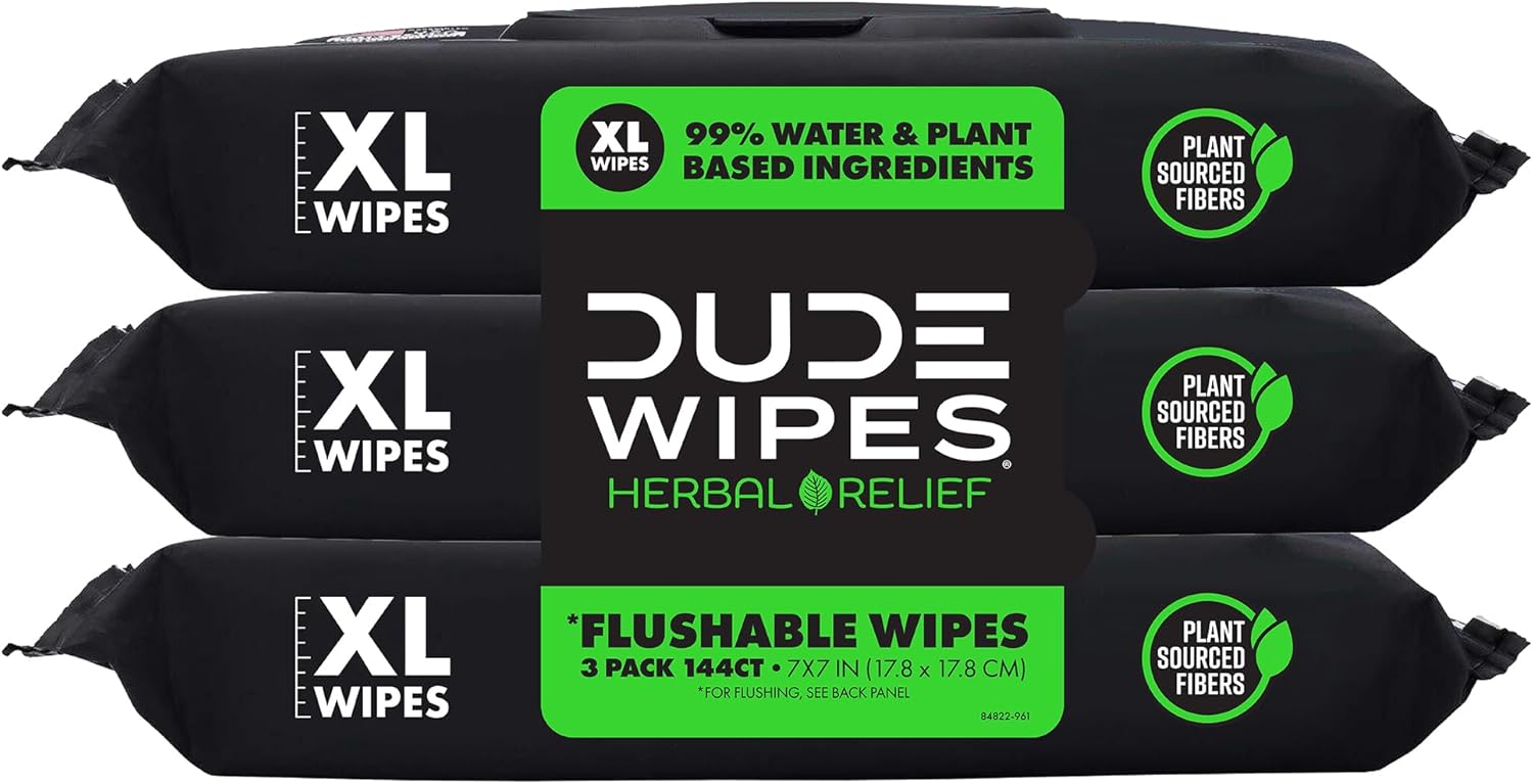 DUDE Wipes - Flushable Wipes - 3 Pack, 144 Count - Herbal Relief Extra-Large - With Hazel & Geranium Essential Oils - Septic and Sewer Safe