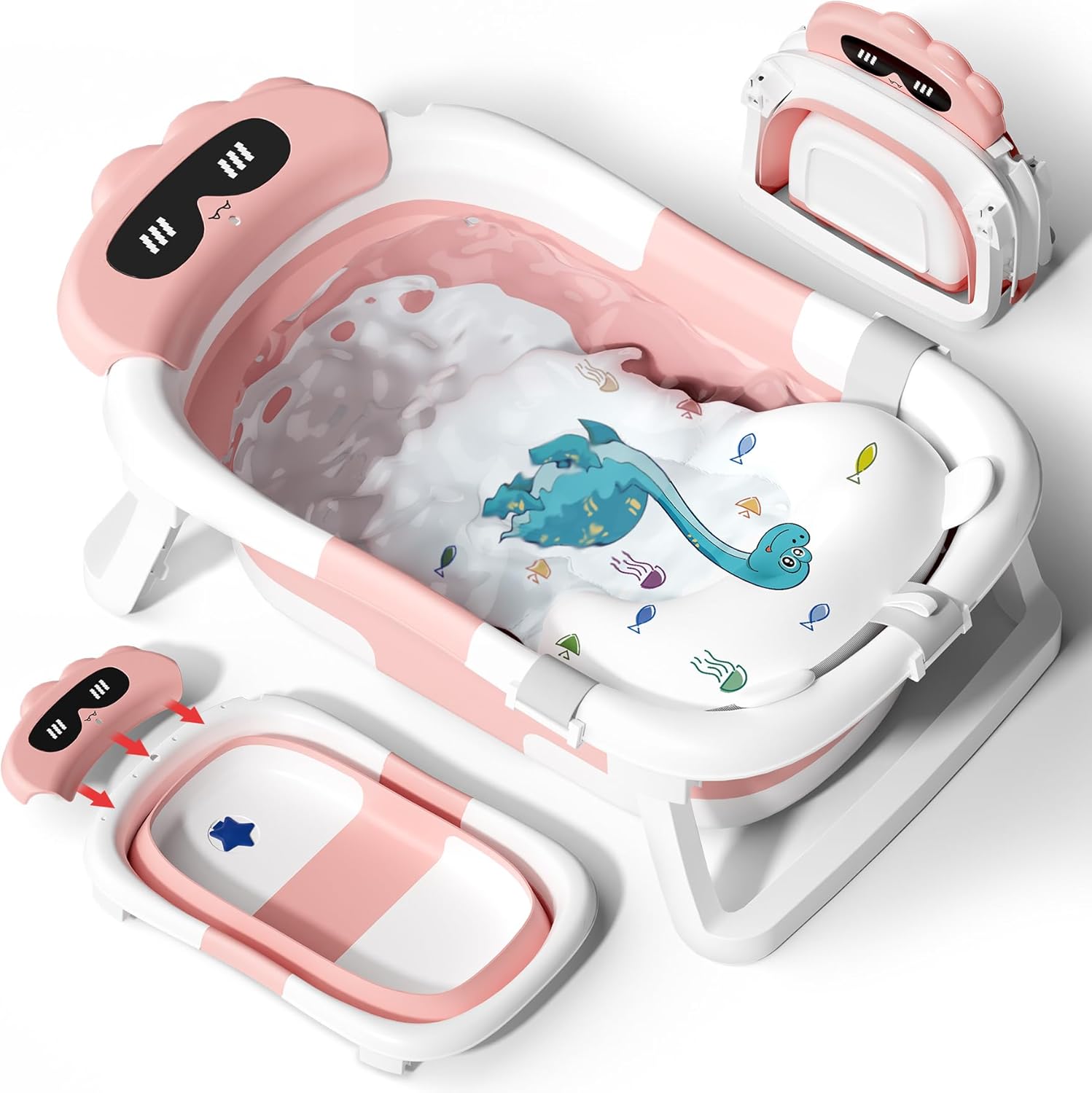 COOSEYA Foldable Baby Bath Tub Essentials for Newborn, Collapsible Baby Bathtub with Seat Support Cushion for 0-18 Months Toddler to Infant, Newborn Ideal Gift Folding Travel Portable, Pink