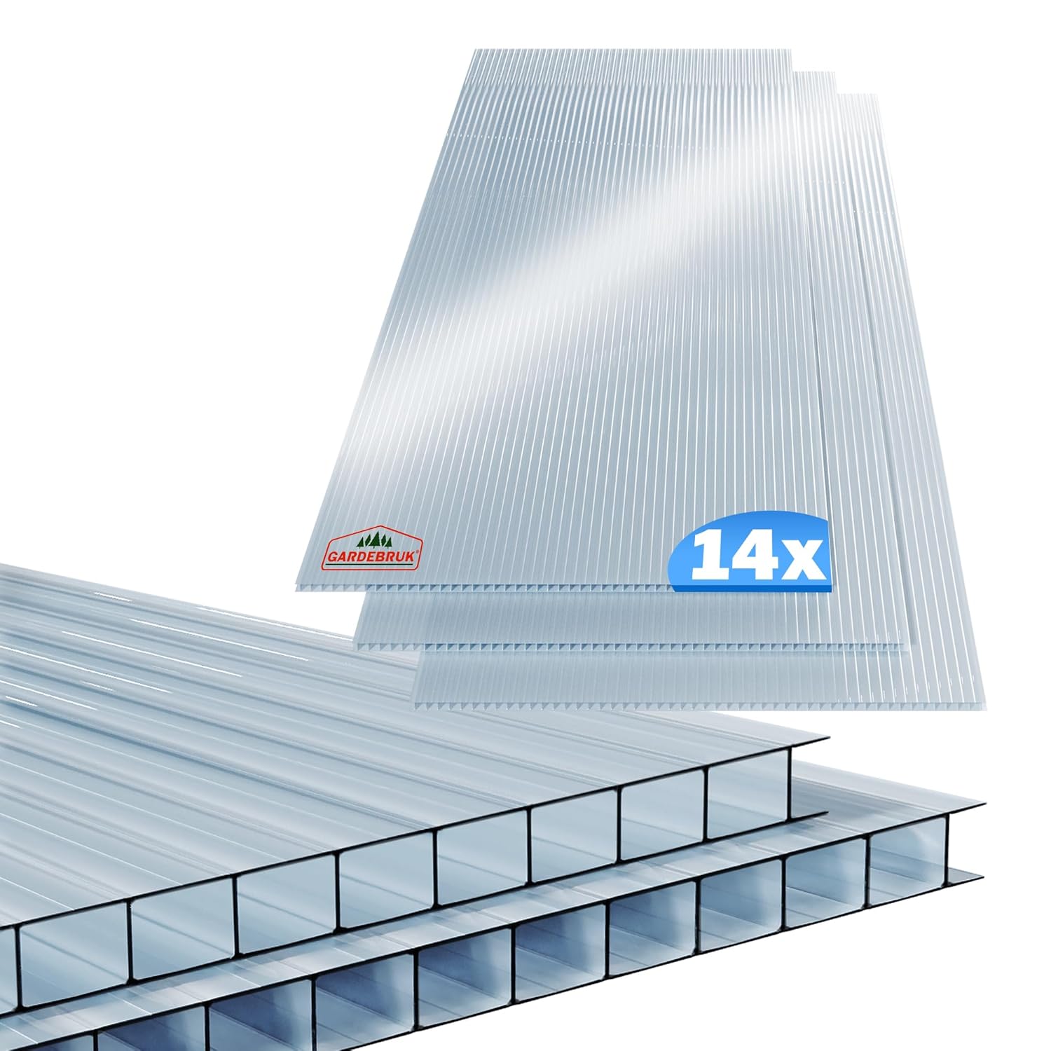 GARDEBRUK® 14x Polycarbonate Twin Wall Sheets | 4mm | 10.25 m² | Double Wall | Roofing | Greenhouse | Clear | Multi Panels Plastic | Outdoor | Canopy | Cold Frame | 121x60.5cm
