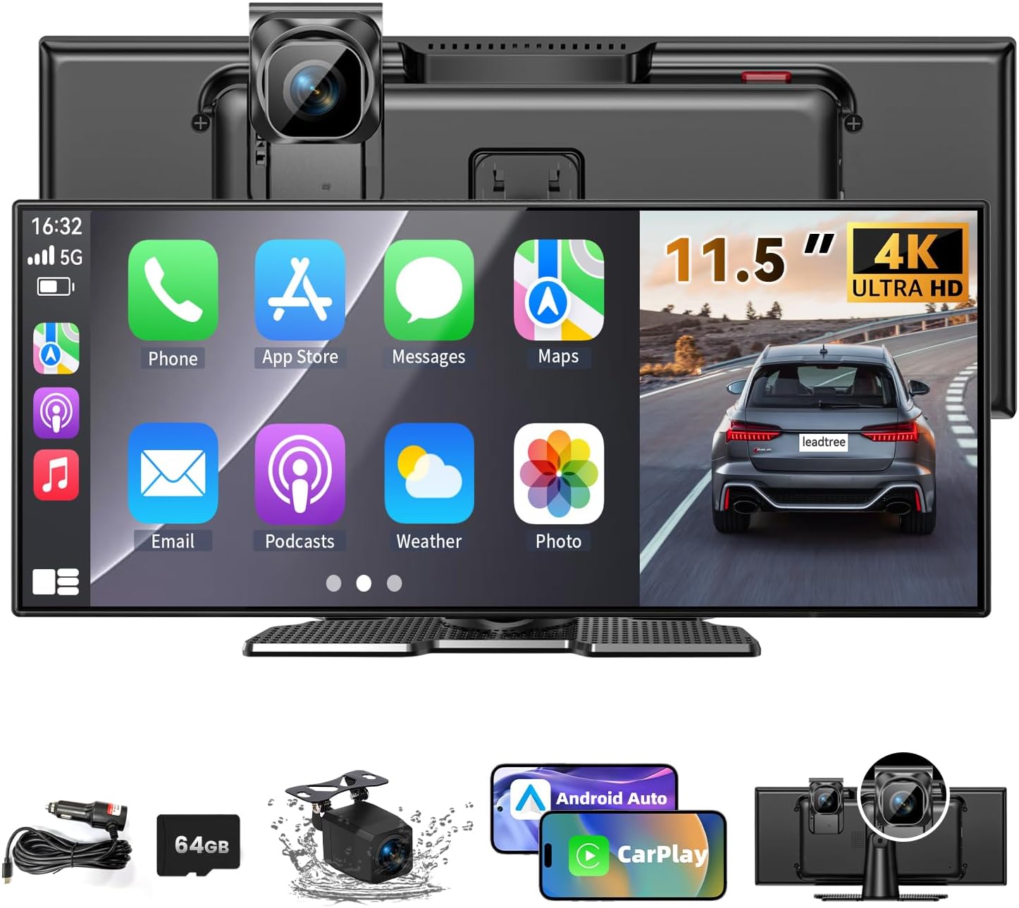 Largest 11.5 inch Wireless CarPlay Screen for Car, A-pple CarPlay & Android Auto HD Touchscreen with 4K Dash Cam/1080P Backup Camera/Navigation/Bluetooth/Voice Control/FM/Mirror Link,for All Vehicles