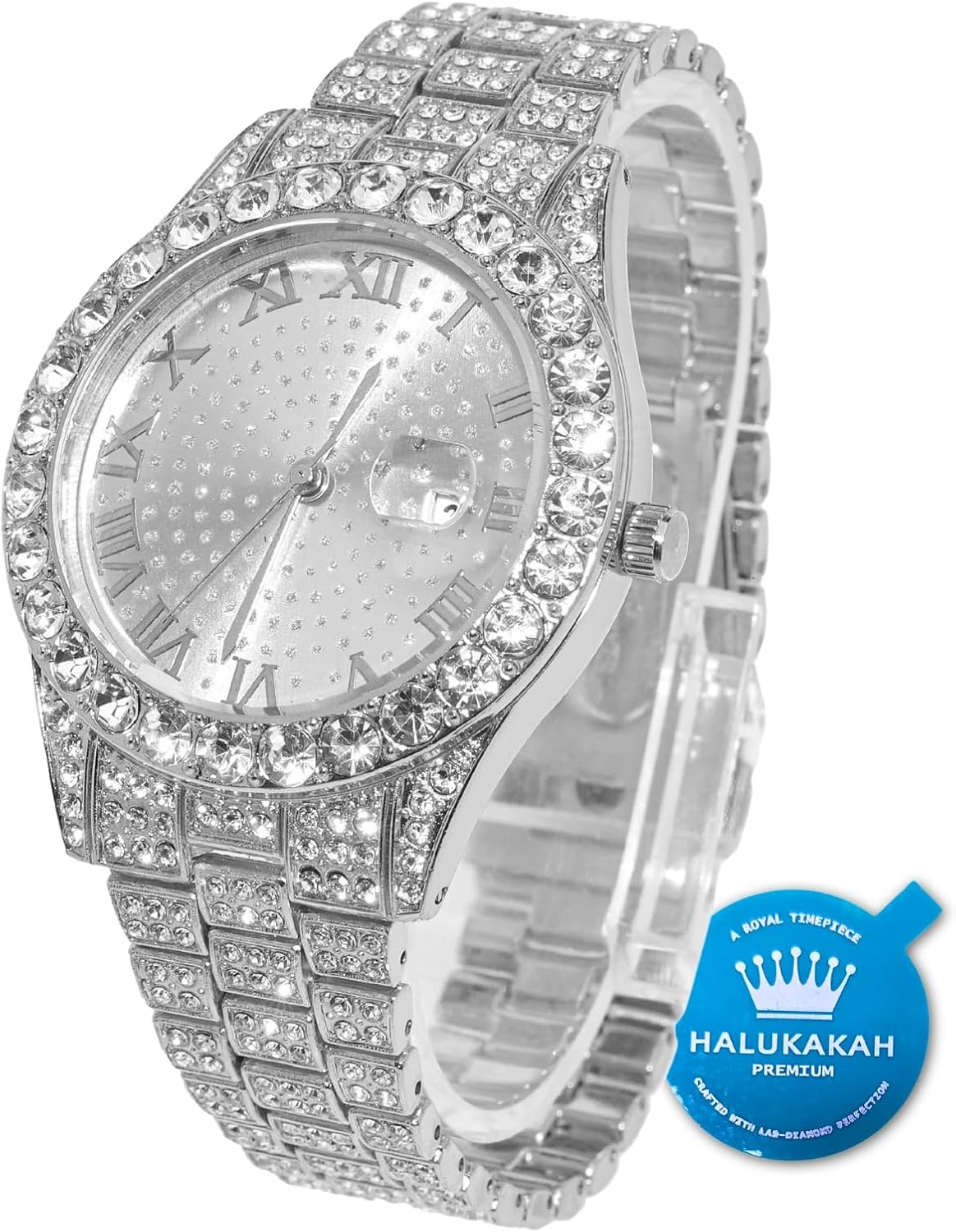 Halukakah Diamonds Gold Watch - THE LUXE - Men's Iced Out18K Real Gold/Platinum White Gold Plated 42MM Width Round Dial Quartz Wristband 9.5" with Cuban Link Chain 8"+18" Necklace Bracelet,Free Giftbox