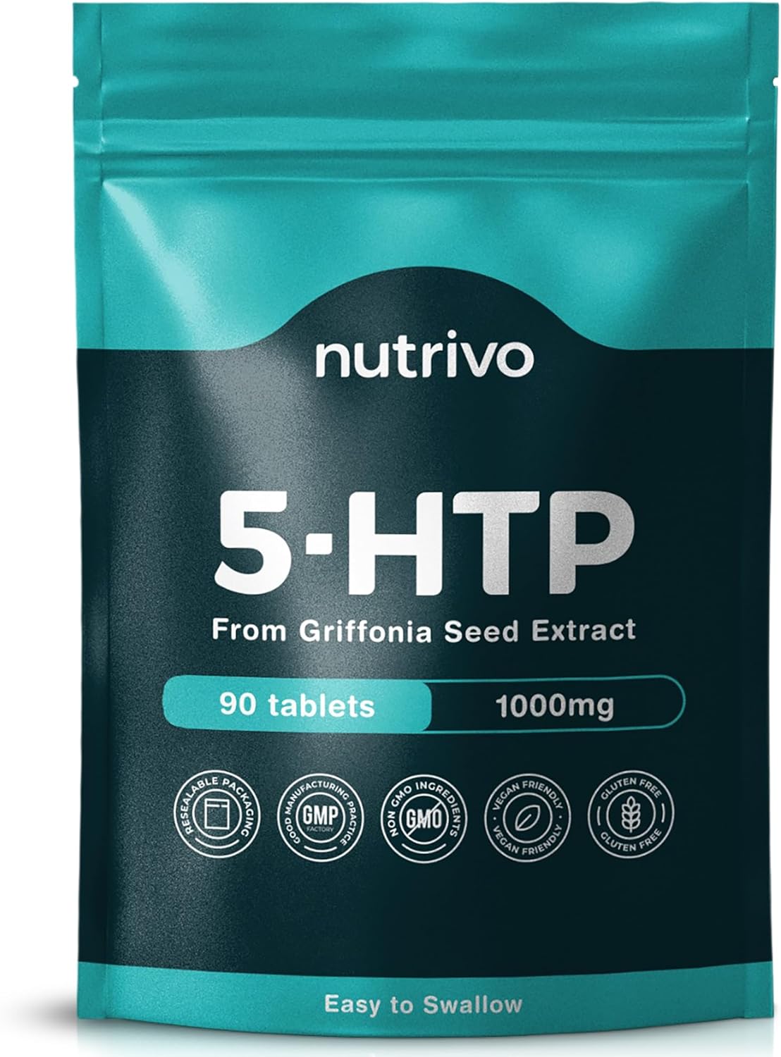 Nutrivo 5HTP Tablets - 90 Tablets Per Pack | 5HTP High Strength 1000mg Supplement | One A Day - 3 Months Supply | from Griffonia Seed Extract | Vegan & UK Made