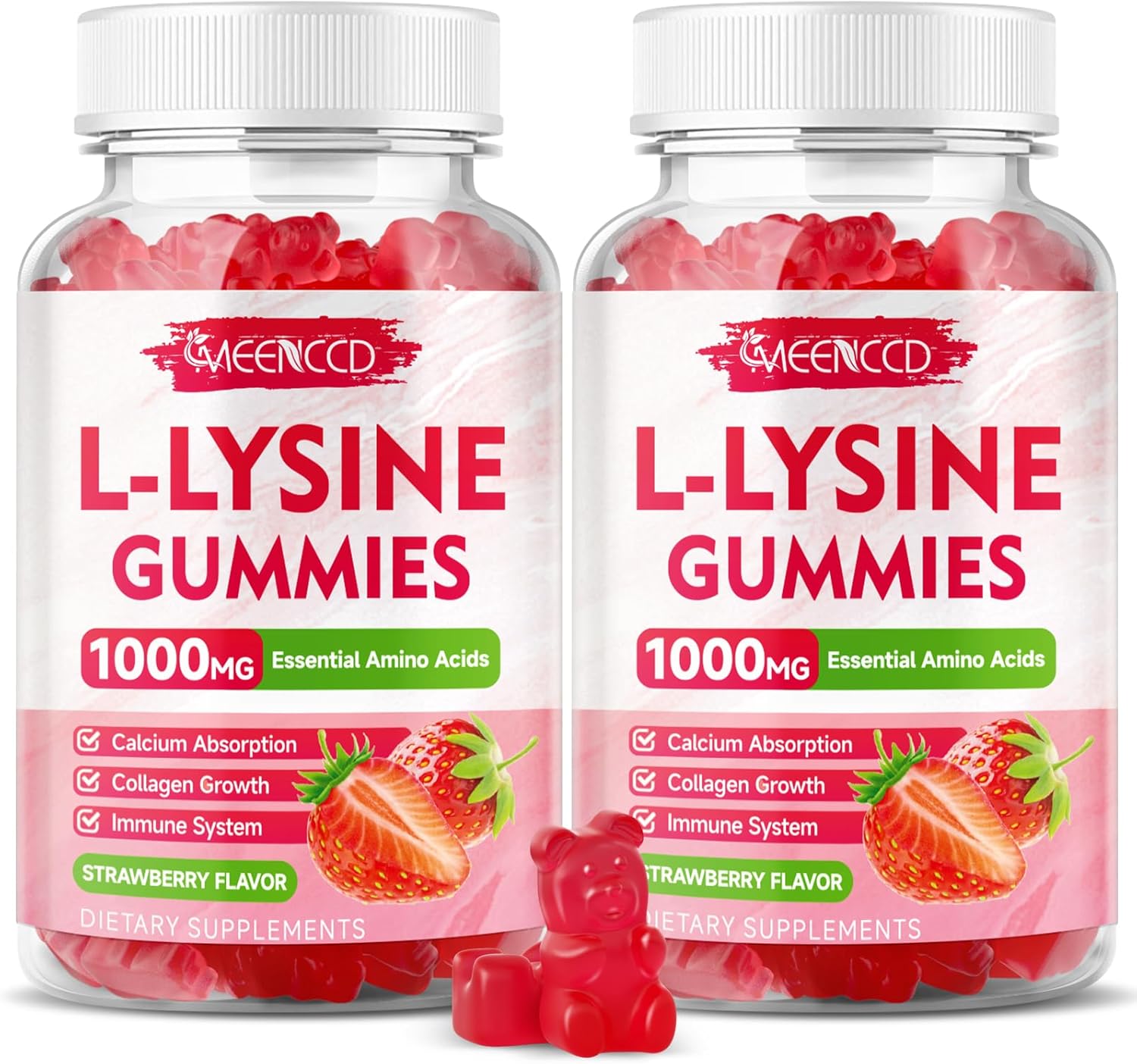 2 Pack L-Lysine 1000mg Gummies, Lysine Supplement for Adults & Kids, Essential Amino Acid for Oral & Lips Health, Boost Immune & Calcium & Collagen, Sugar-Free, Strawberry Flavor, 120 Count