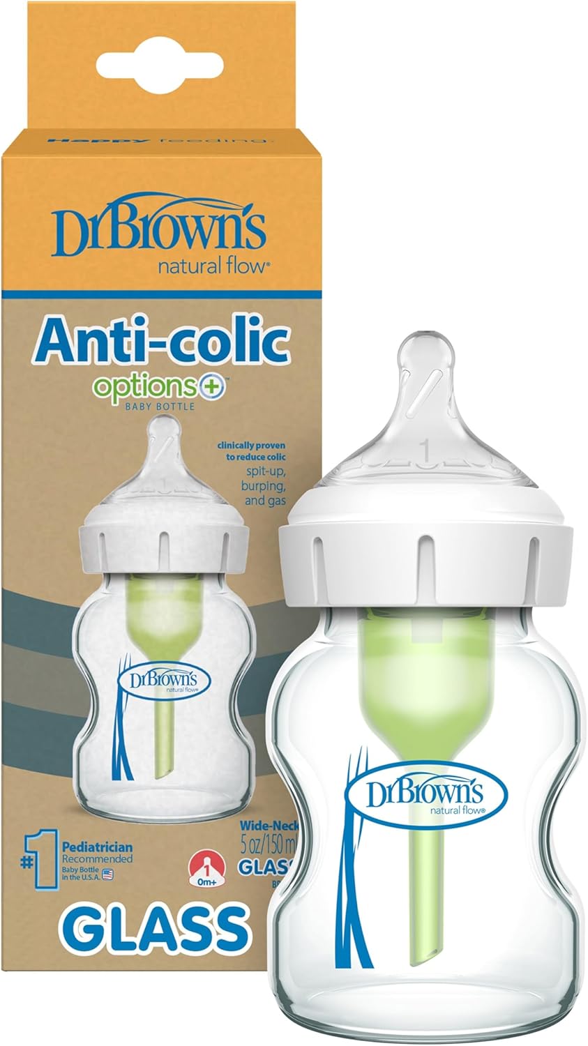 Dr. Brown's Natural Flow Options+ Anti-Colic Glass Baby Bottle, Wide-Neck, 5 oz/150 ml