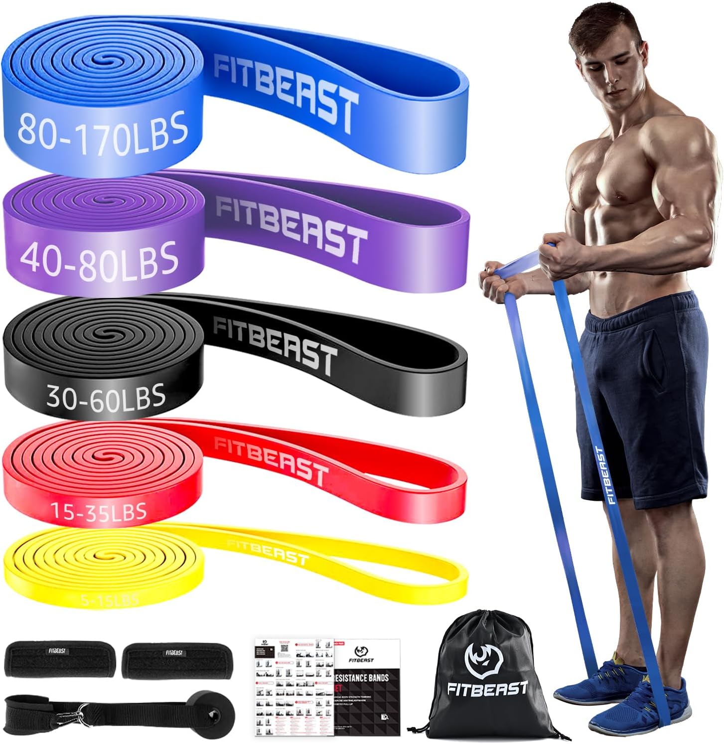 FitBeast Resistance Bands Set, 5 Levels Pull Up Bands for Bodyweight Training, Powerlifting, Muscle Building, Home Gym Workout, Stretching, Stretch Bands with Door Anchor