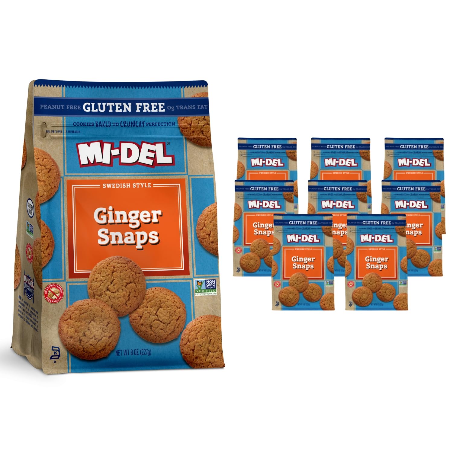 Mi-Del Ginger Snaps Gluten Free - Crunchy Gluten Free Ginger Cookies Made with Real Ginger - Swedish Ginger Snaps Cookies Old Fashioned - Non-GMO Certified, 0g Trans Fat, Healthy Cookies (Pack of 8)