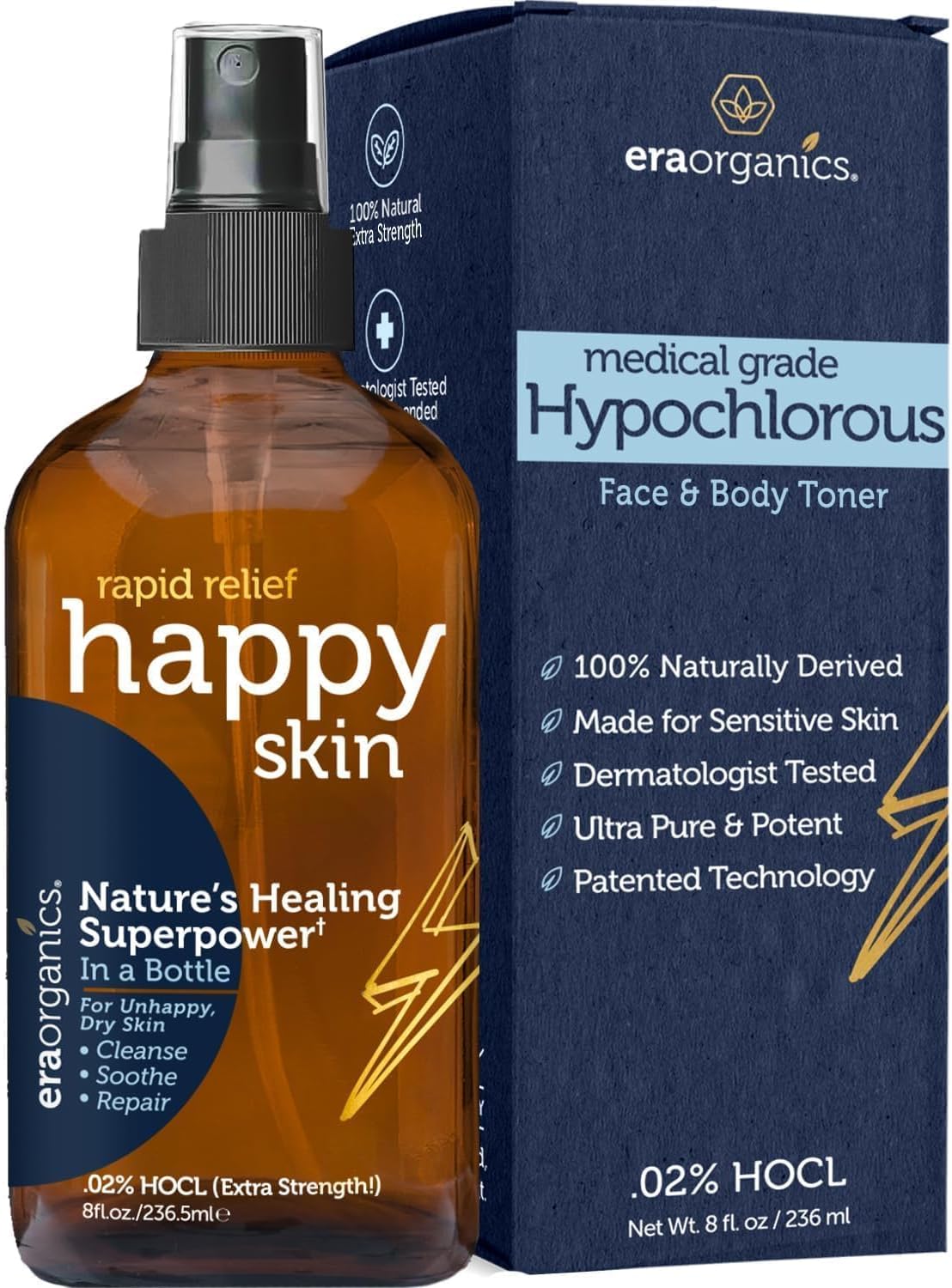 Happy Skin .02% Hypochlorous Acid Spray Toner– Extra Strength, Extra Gentle 100% Natural Toner & Skin Cleanser for Face & Body– Soothe, Hydrate & Repair Dry, Sensitive Skin– pH Balanced, Non-Toxic 8oz