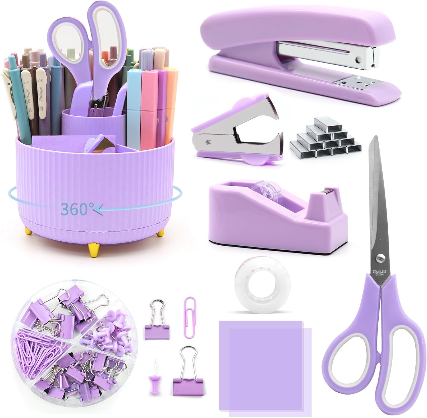 Purple Desk Accessories,Rotating Pen Holder Set,Purple Office Supplies with Purple Stapler and Tape Dispenser Set, Gifts for Office Clerks,Student