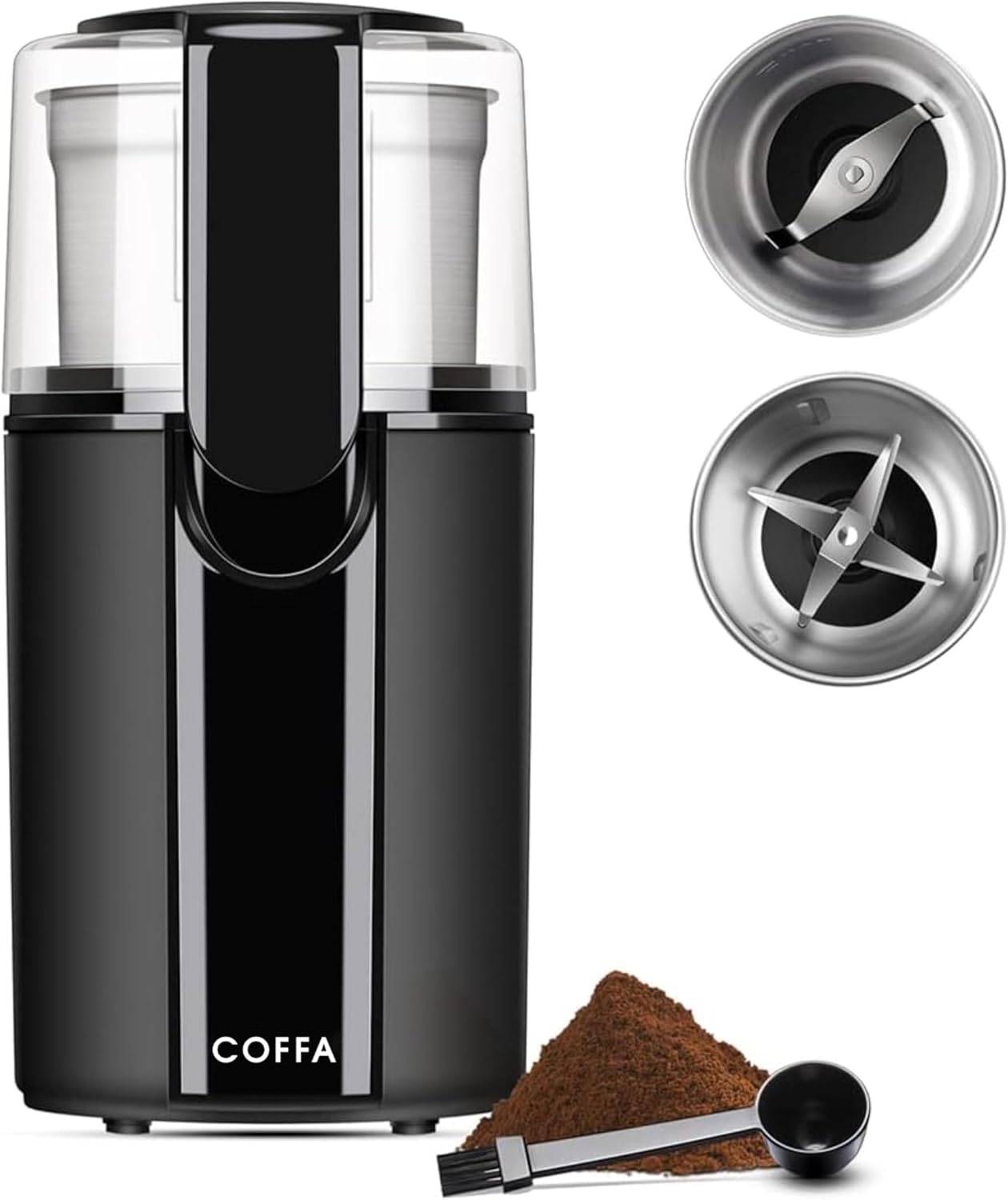 COFFA® Electric Coffee & Spice Grinder – 200W, 70g Capacity, 2 Stainless Steel Bowls for Wet & Dry Grinding, Includes 2-in-1 Scoop & Brush, One-Touch Compact Design