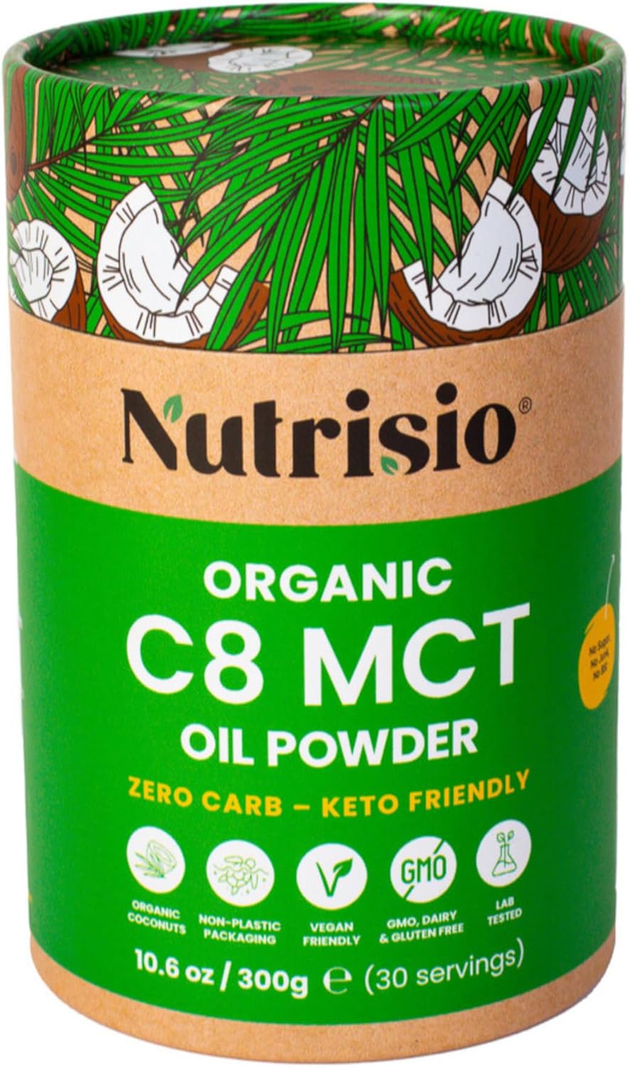 Keto Organic MCT Oil Powder – 300g Keto Powder with 75% C8 MCT, 25% Acacia Fiber, Zero-Plastic Recyclable Can – Certified Organic Keto Food, Fiber Supplement, Keto Coffee Creamer by Nutrisio