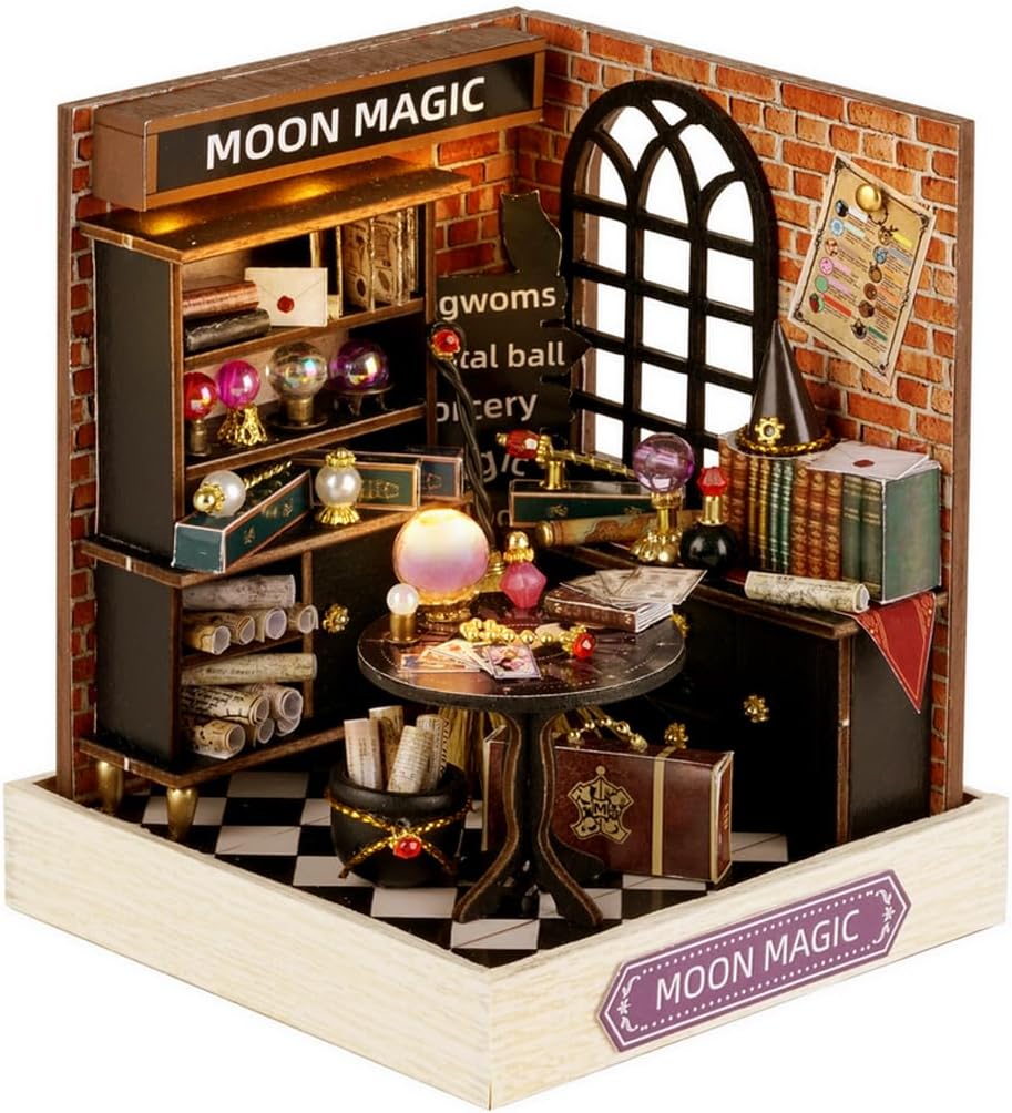 Miniature House Kit, CUTEROOM Tiny House Kit Wooden Dollhouse Kit Mini House Making Kit with Dust Cover, DIY Dollhouse Kit Birthday Gift (Moon Magic)