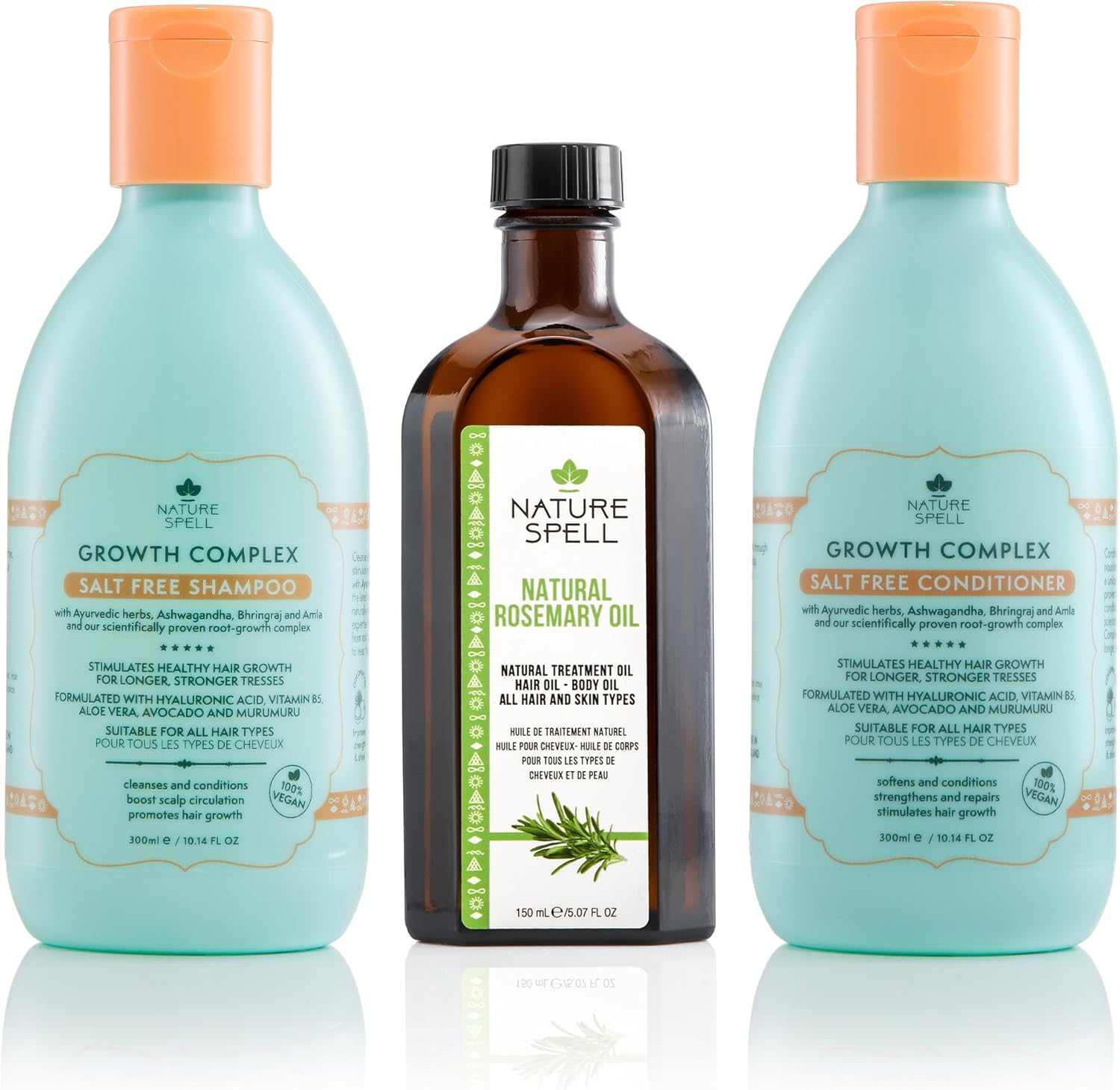 Nature Spell Hair Growth Trio, Pre-Diluted Rosemary Oil for Hair & Scalp, Shampoo & Conditioner Set, Sulphate-Free, Colour-Safe, Vegan